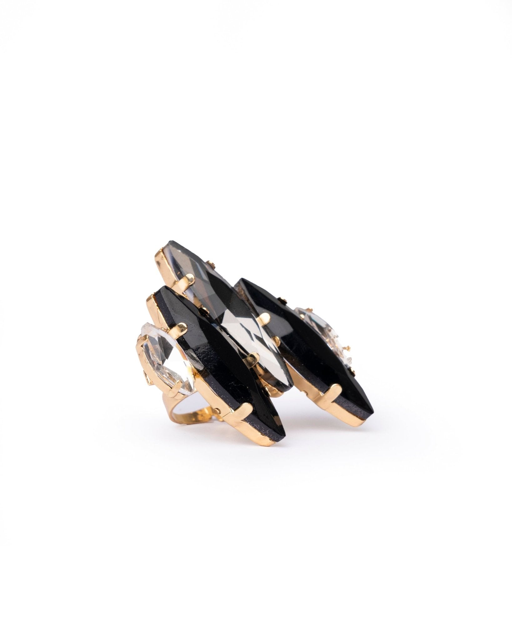 Anello in metallo regolabile con pietre a foglia in resina nero e crystal - Mya Accessories