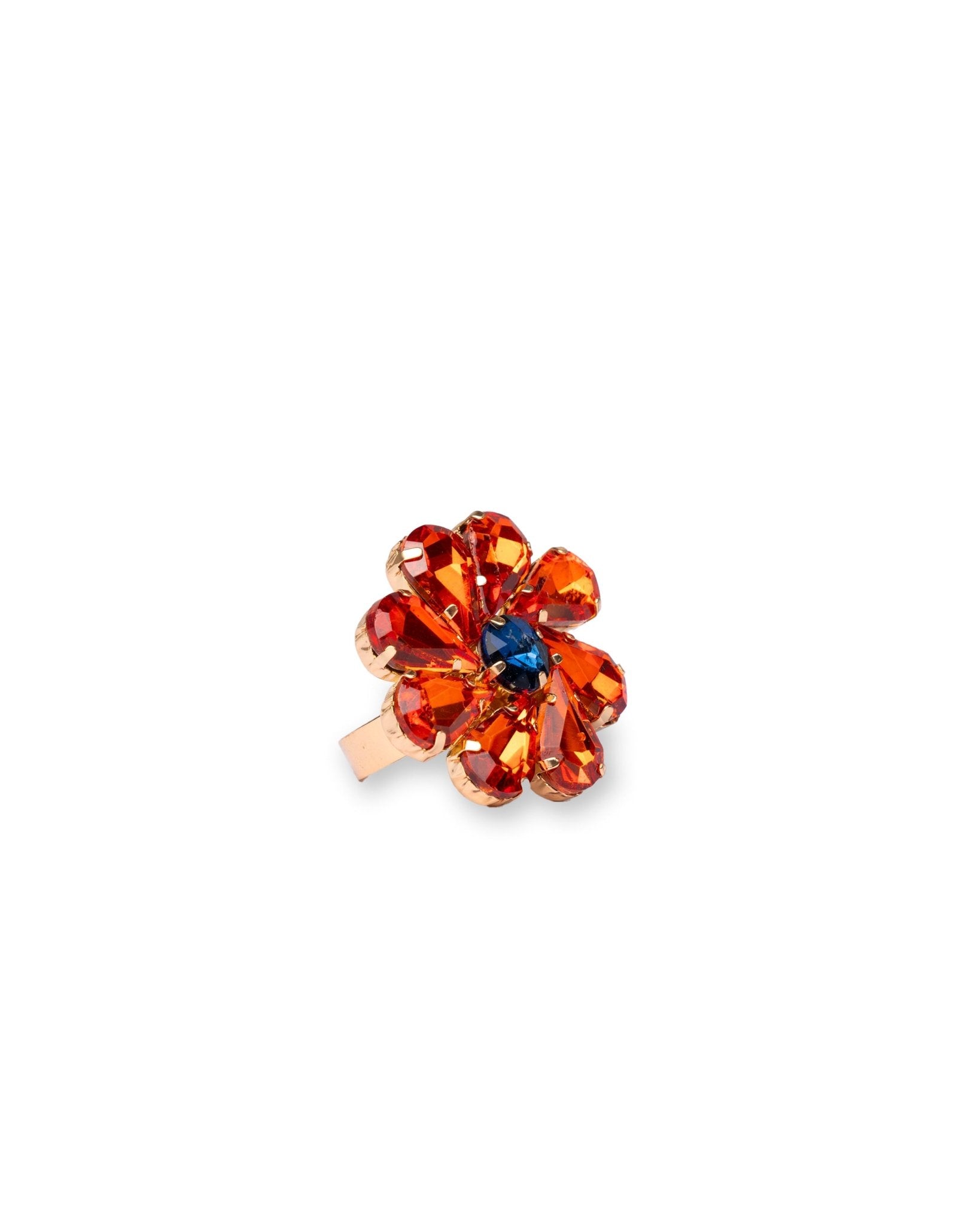 Anello in metallo regolabile con fiore in vetro arancione e blu - Mya Accessories