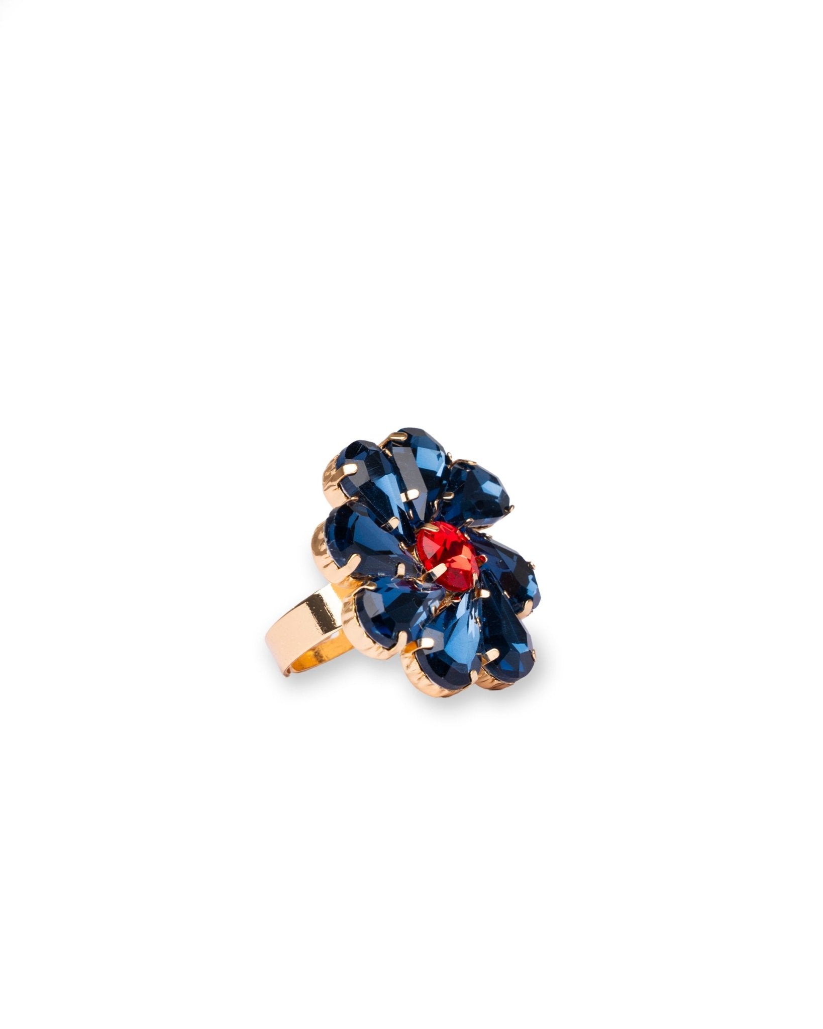 Anello in metallo regolabile con fiore in vetro blu e rosso - Mya Accessories