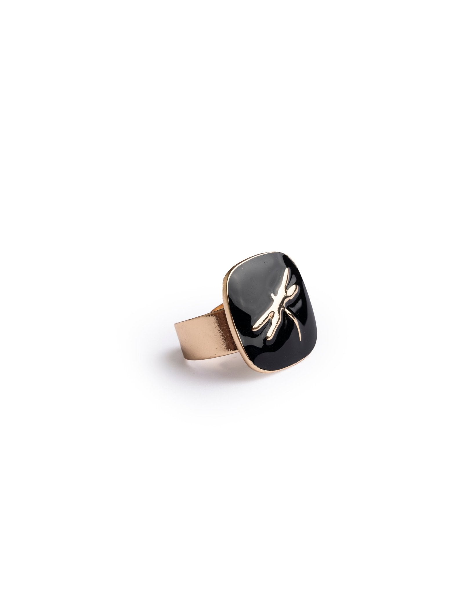 Anello regolabile in metallo con placchetta smaltata nera con libellula - Mya Accessories