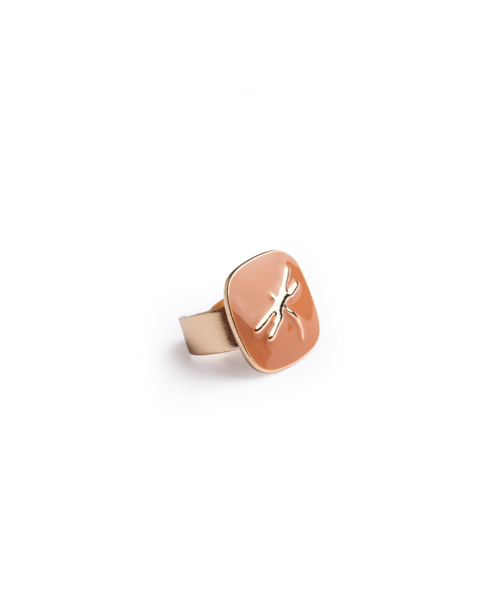 Anello regolabile in metallo con placchetta smaltata beige con libellula - Mya Accessories