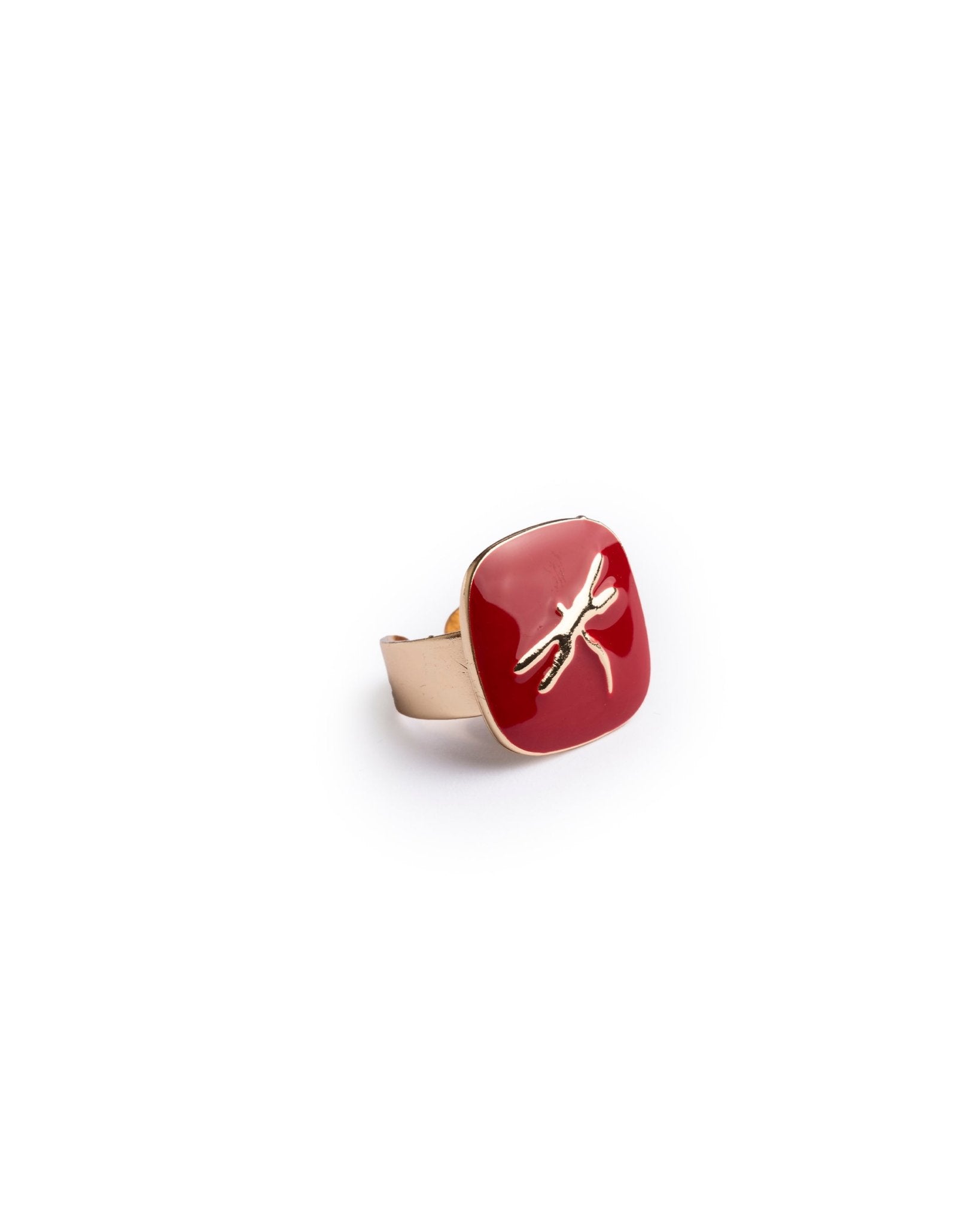 Anello regolabile in metallo con placchetta smaltata rossa con libellula - Mya Accessories