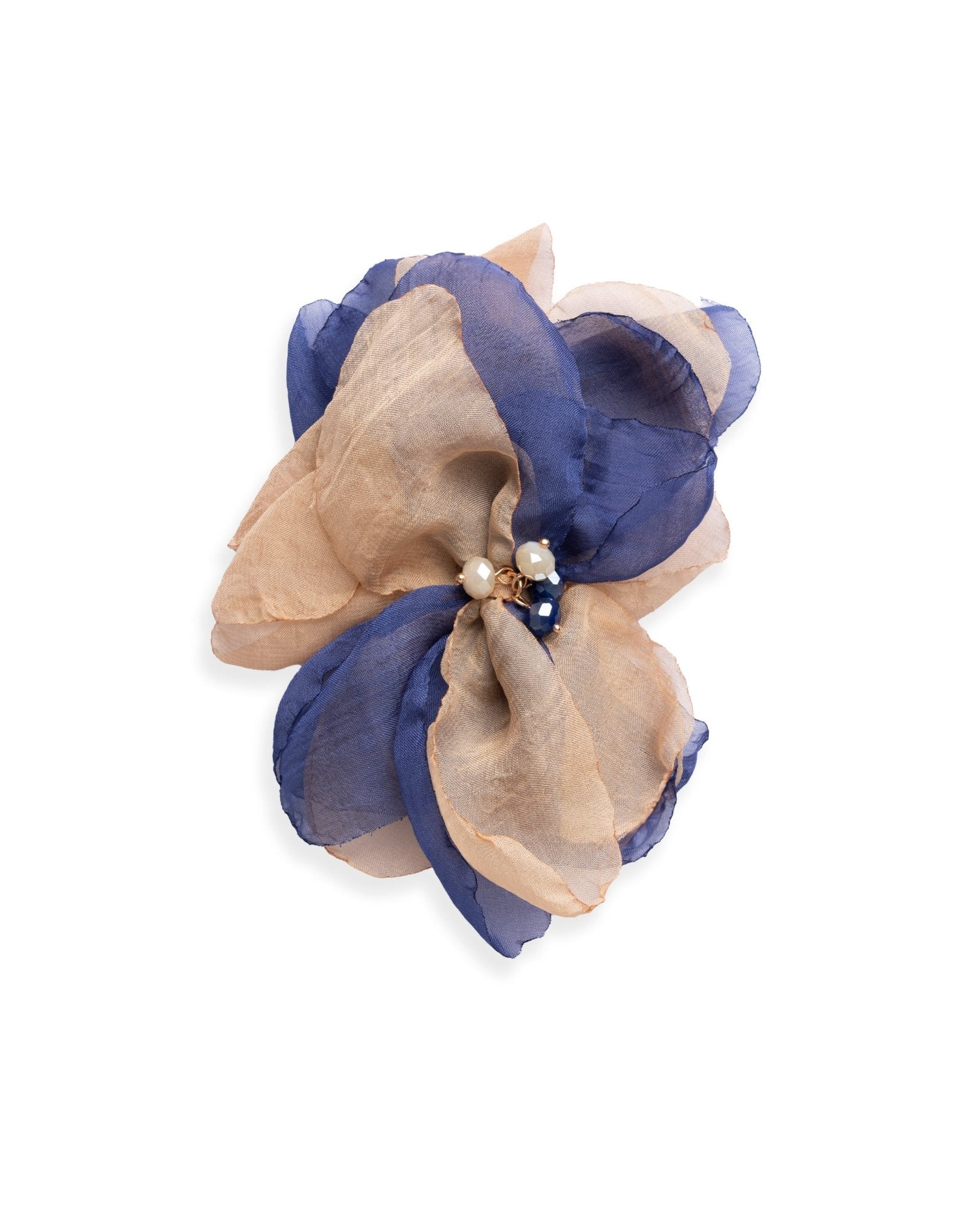 Spilla a forma di fiore in tessuto blu e beige - Mya Accessories