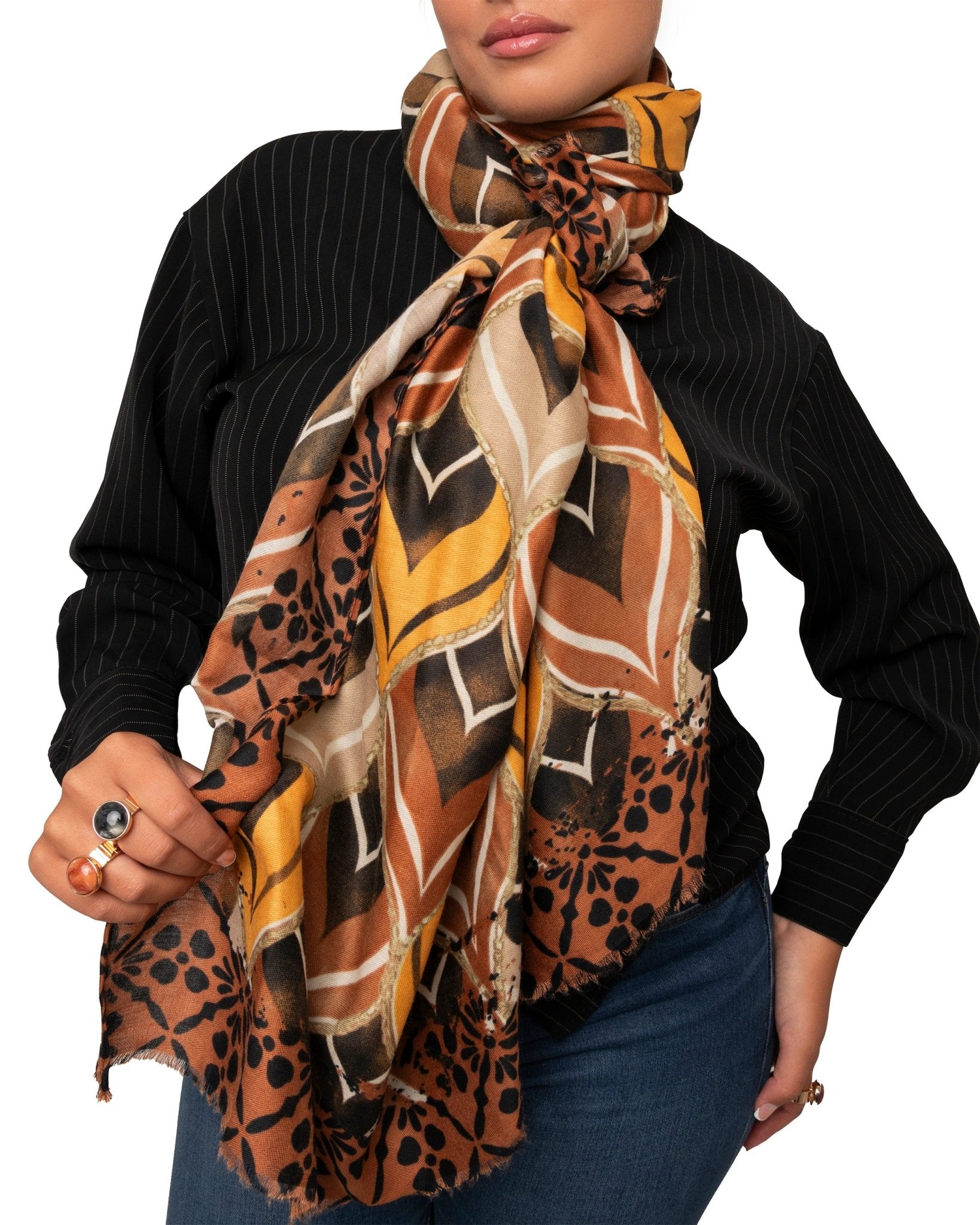 Sciarpa in cotone con stampe geometriche multi marrone - Mya Accessories