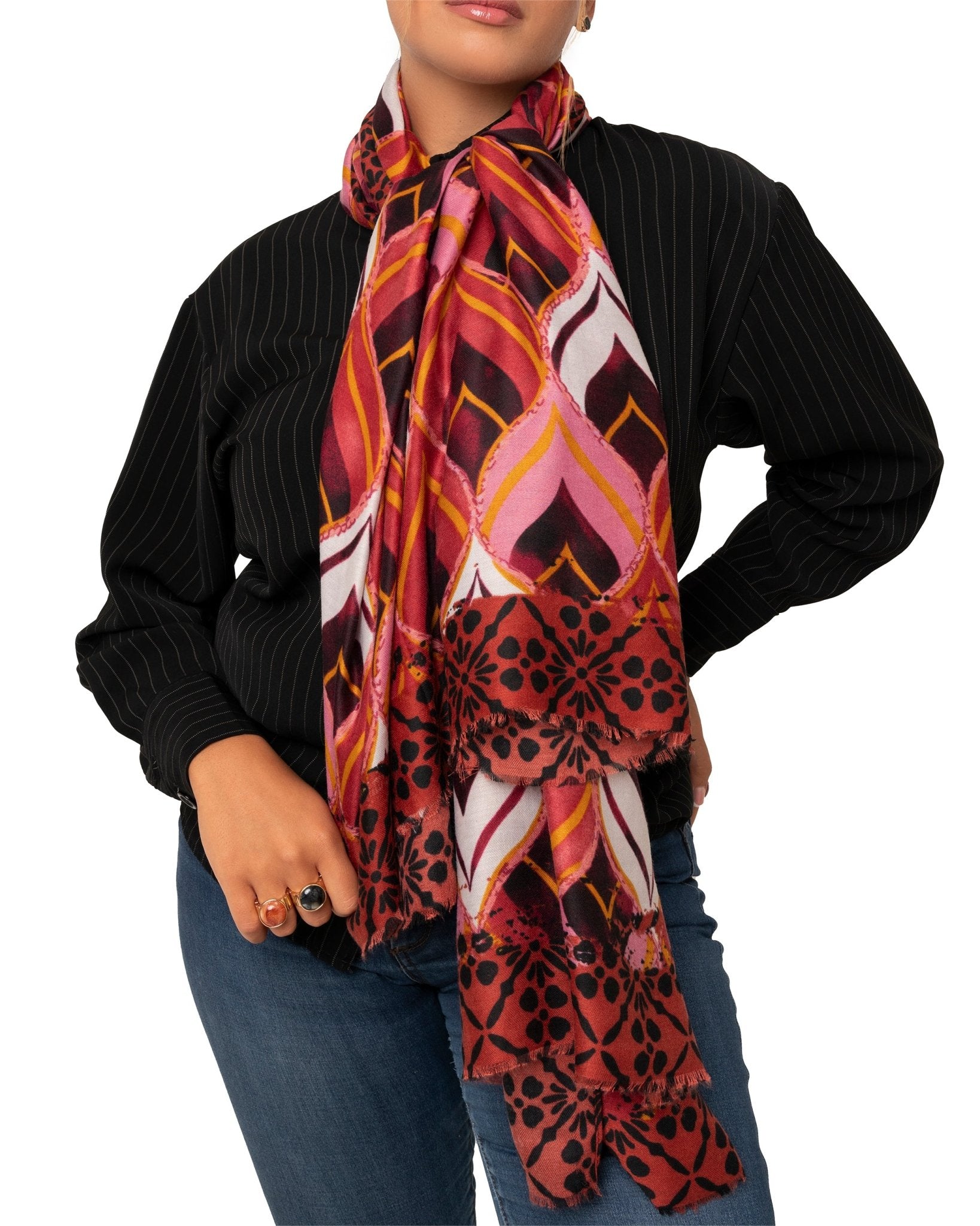 Sciarpa in cotone con stampe geometriche multi bordeaux - Mya Accessories