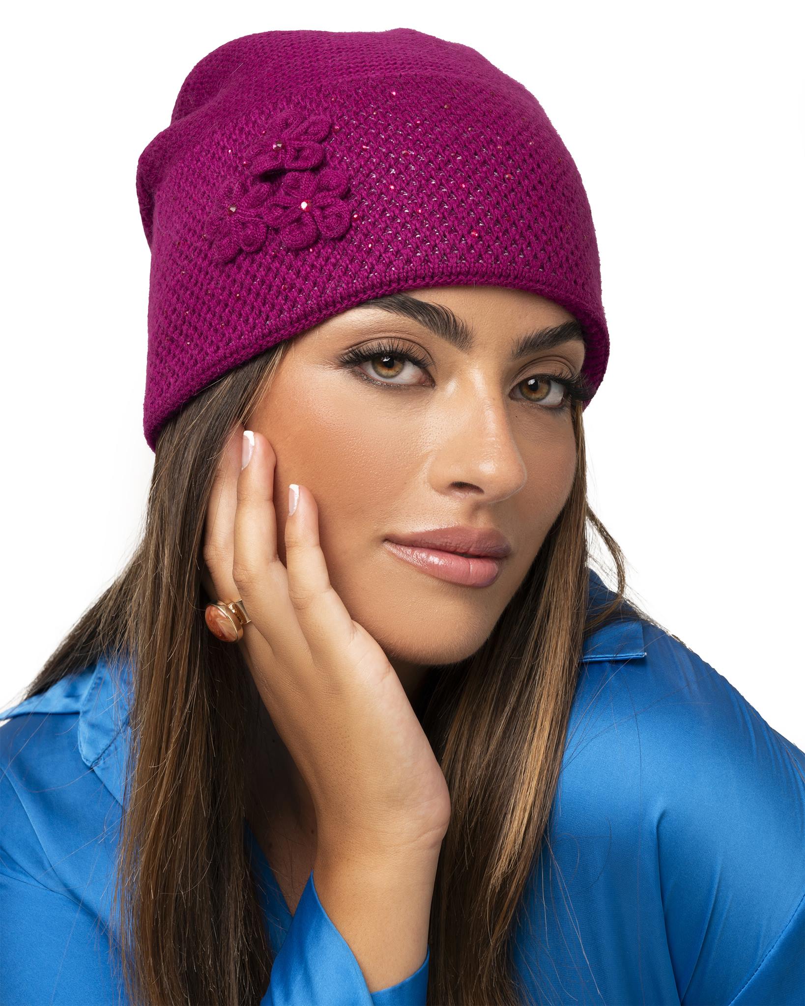Cappello in lana con fiore tono fucsia - Mya Accessories