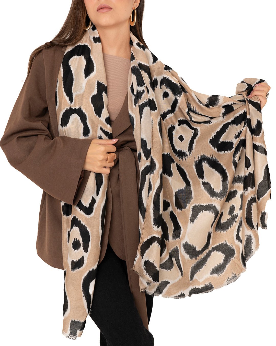 Sciarpa misto cotone beige con stampa animalier - Mya Accessories