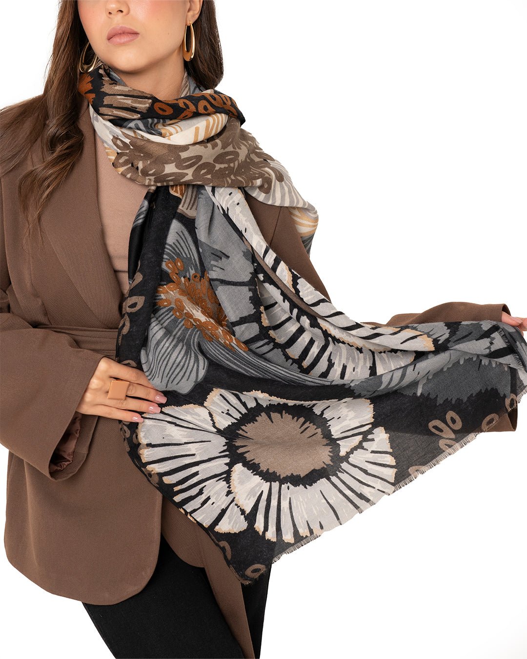 Sciarpa misto cotone nera con stampa floreale - Mya Accessories