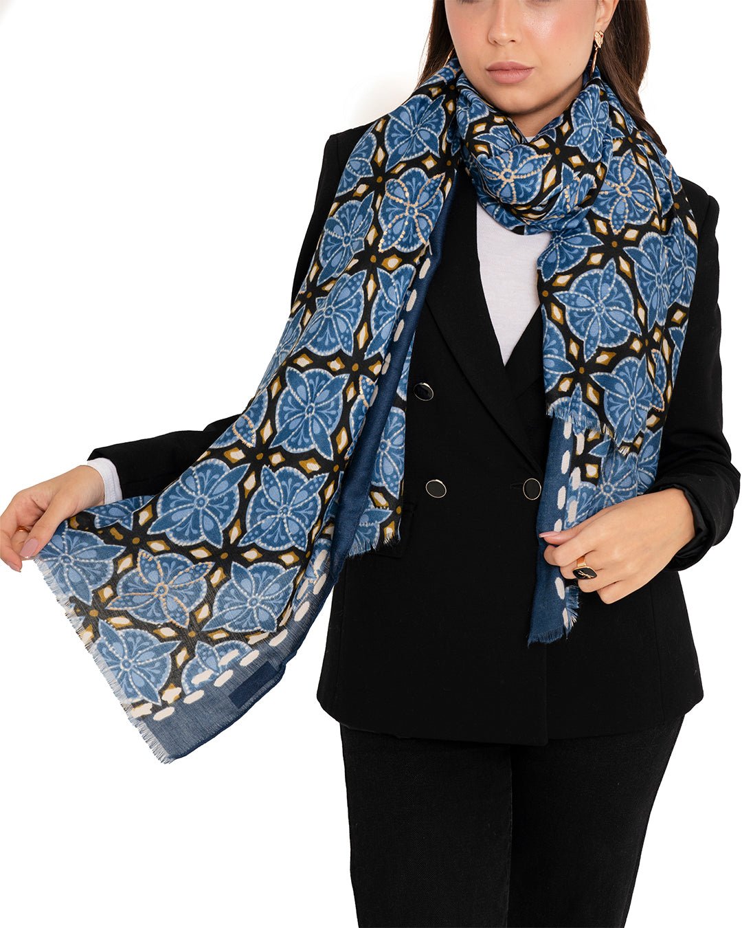 Sciarpa misto cotone blu con stampa geometrica - Mya Accessories