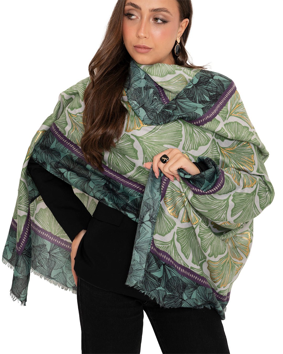 Sciarpa misto cotone verde con stampa a fiori - Mya Accessories