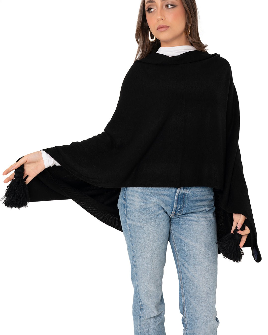 Poncho mantella in acrilico con nappine nero - Mya Accessories