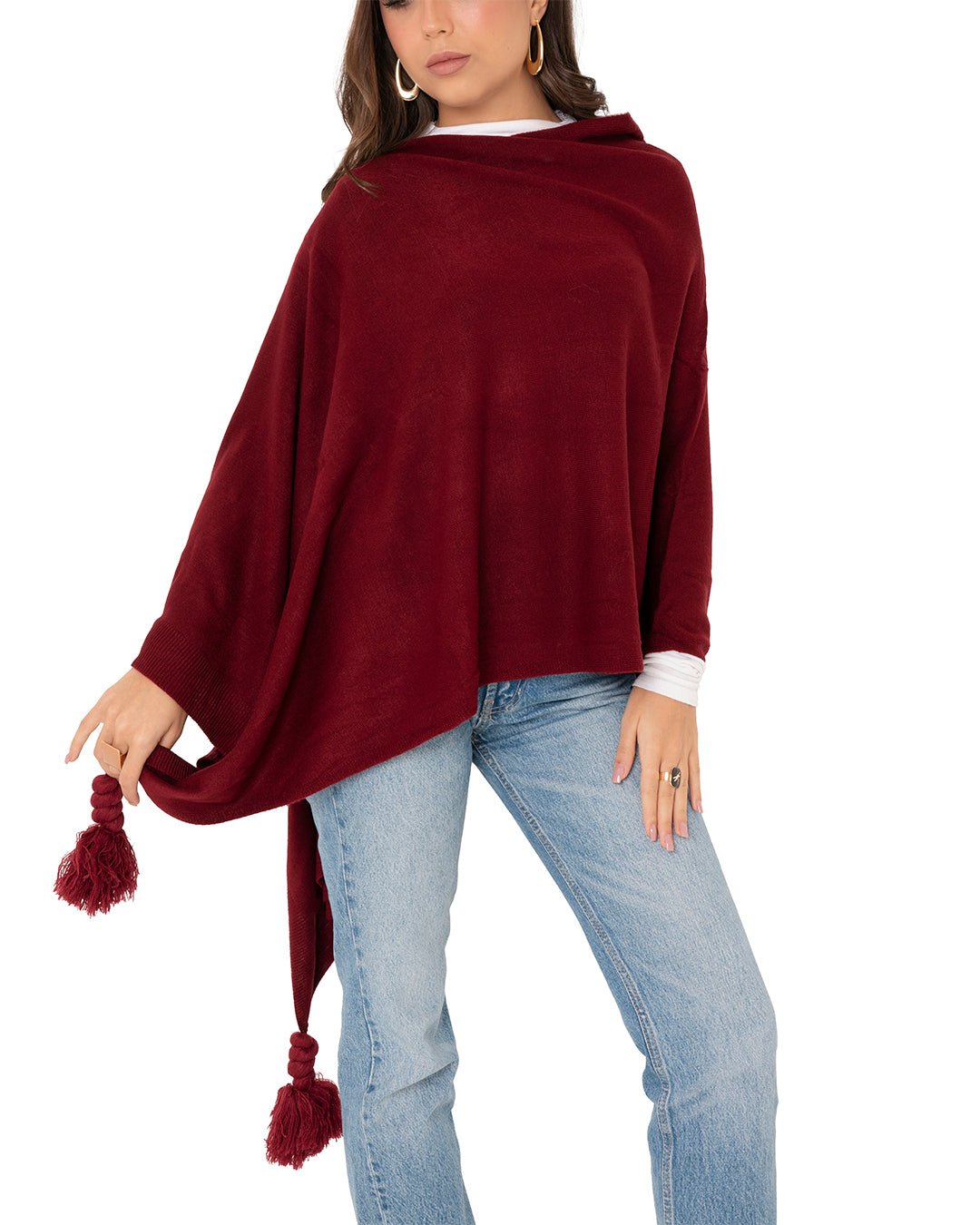 Poncho mantella in acrilico con nappine bordeaux - Mya Accessories