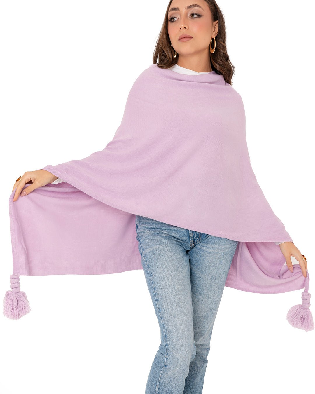 Poncho mantella in acrilico con nappine lilla - Mya Accessories