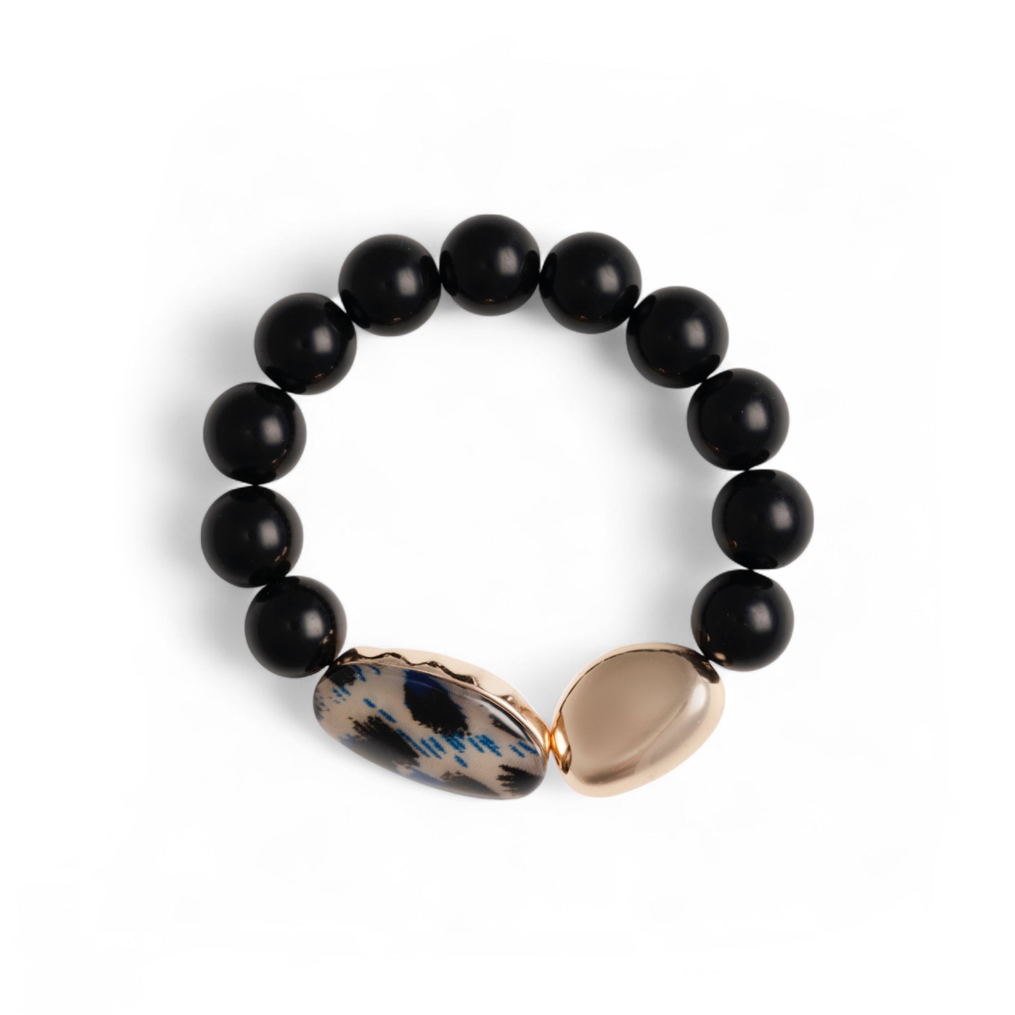 Bracciale elastico con pietre in acrilico nero ed inserti animalier - Mya Accessories