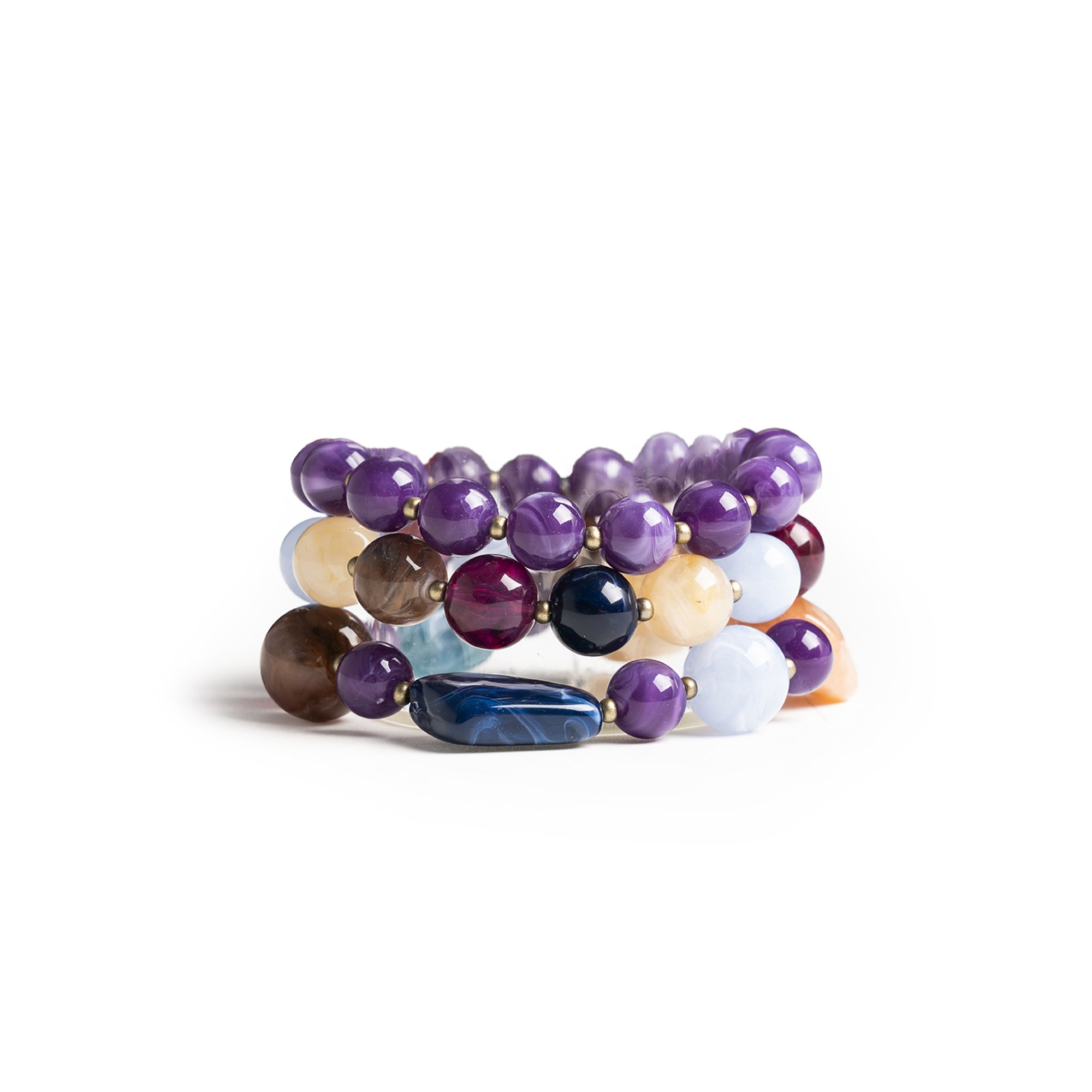 Bracciale elastico a tre linee con sfere in acrilico e vetro tono viola - Mya Accessories