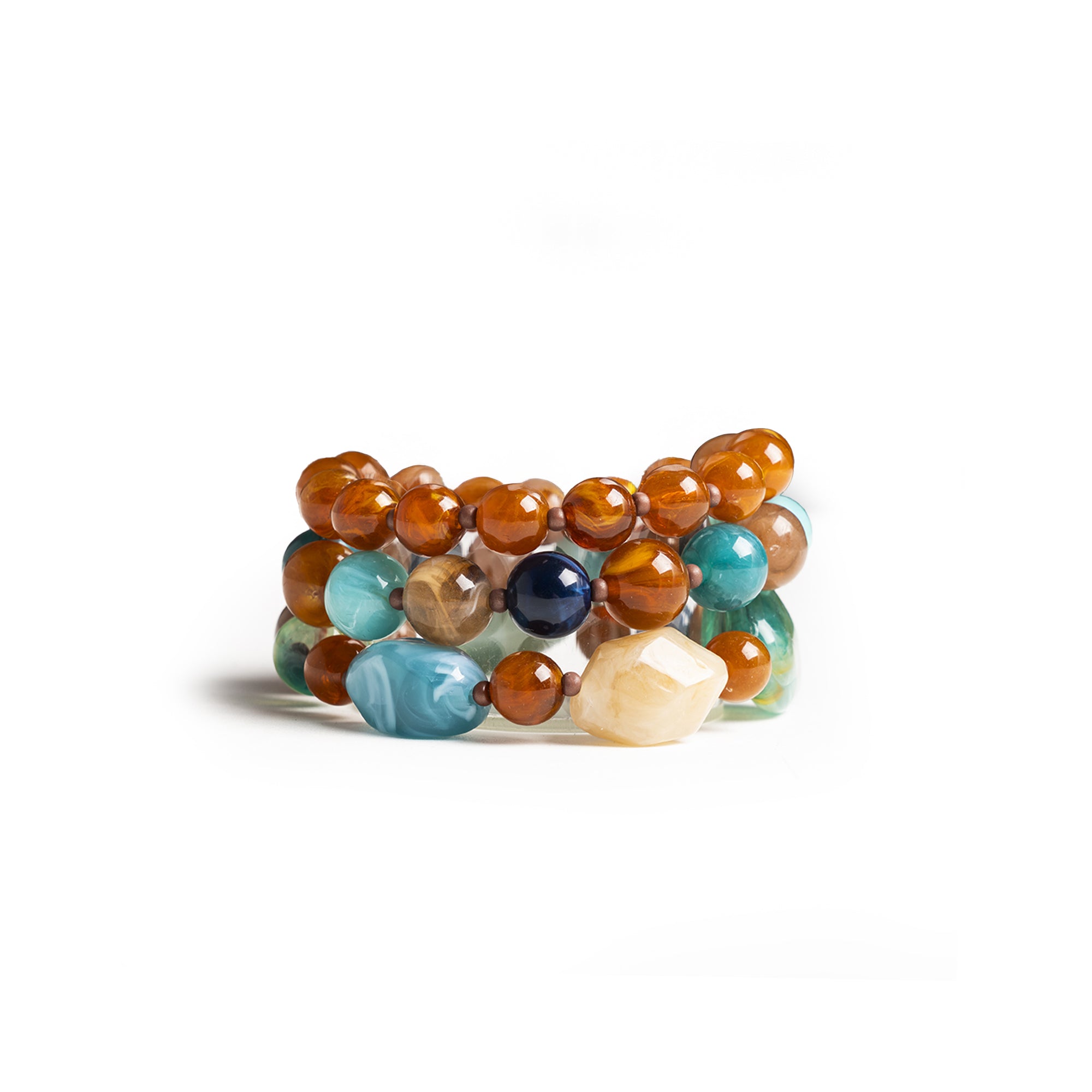 Bracciale elastico a tre linee con sfere in acrilico e vetro tono marrone - Mya Accessories