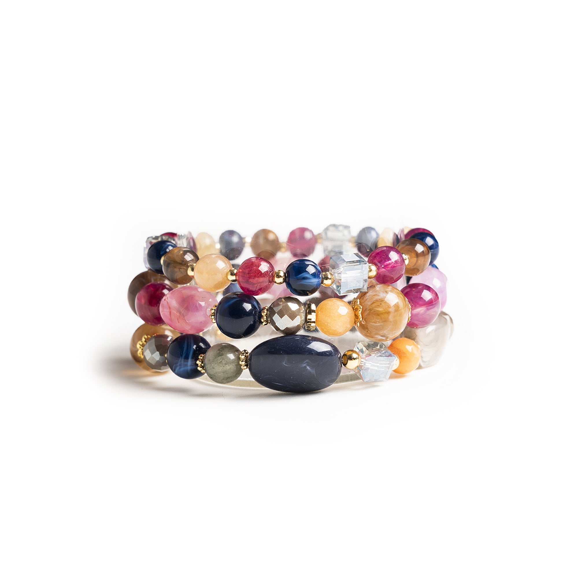 Bracciale elastico a tre linee con pietre in acrilico e vetro multi viola - Mya Accessories