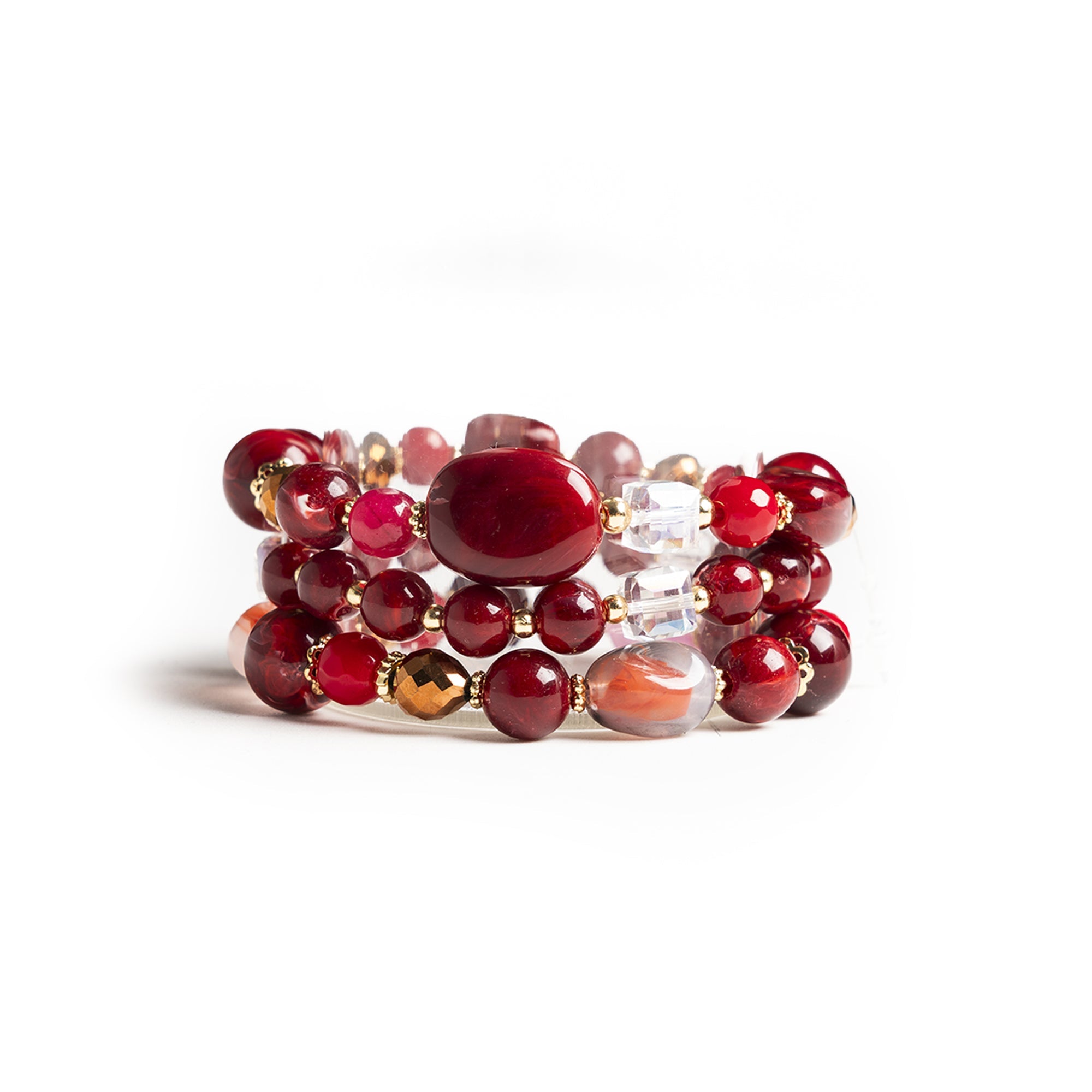 Bracciale elastico a tre linee con pietre in acrilico e vetro rosse - Mya Accessories