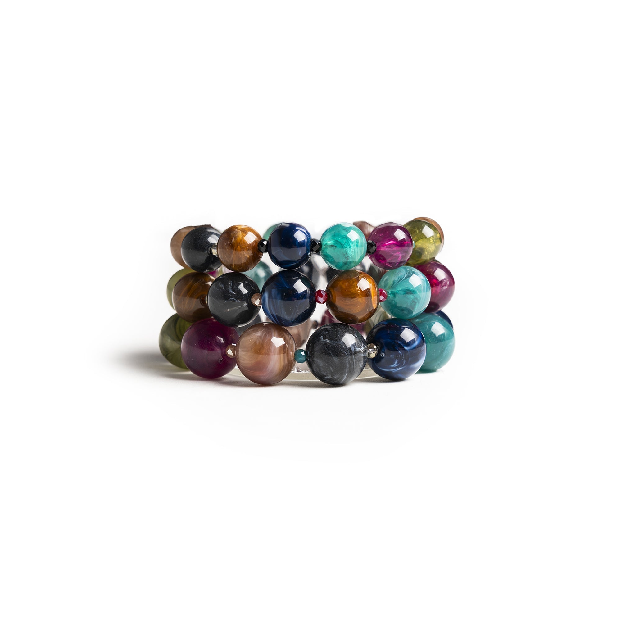 Bracciale elastico a tre linee con sfere in acrilico e vetro mutlicolore - Mya Accessories