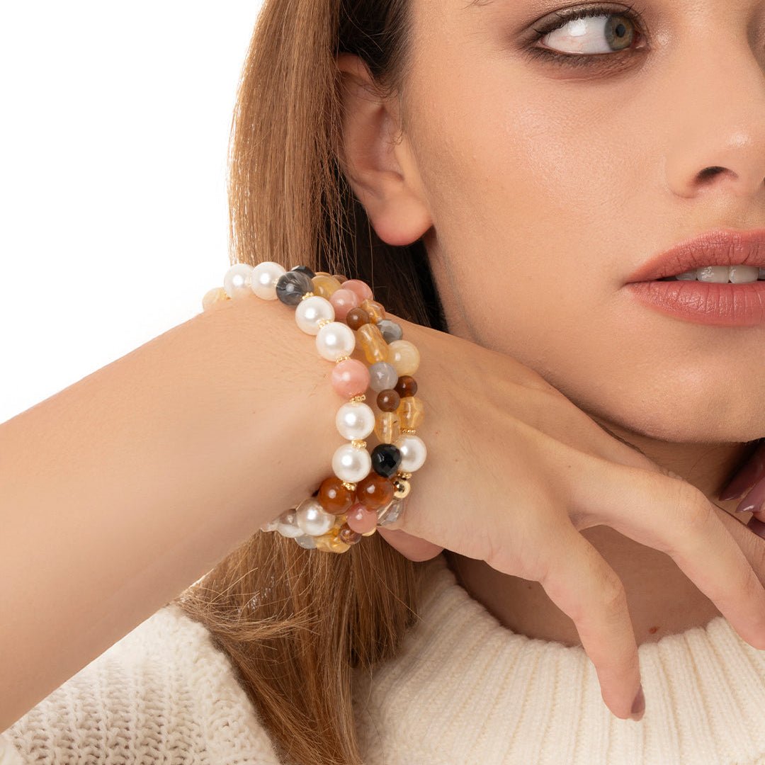 Bracciale elastico a tre linee con pietre in vetro ed acrilico tono giallo - Mya Accessories