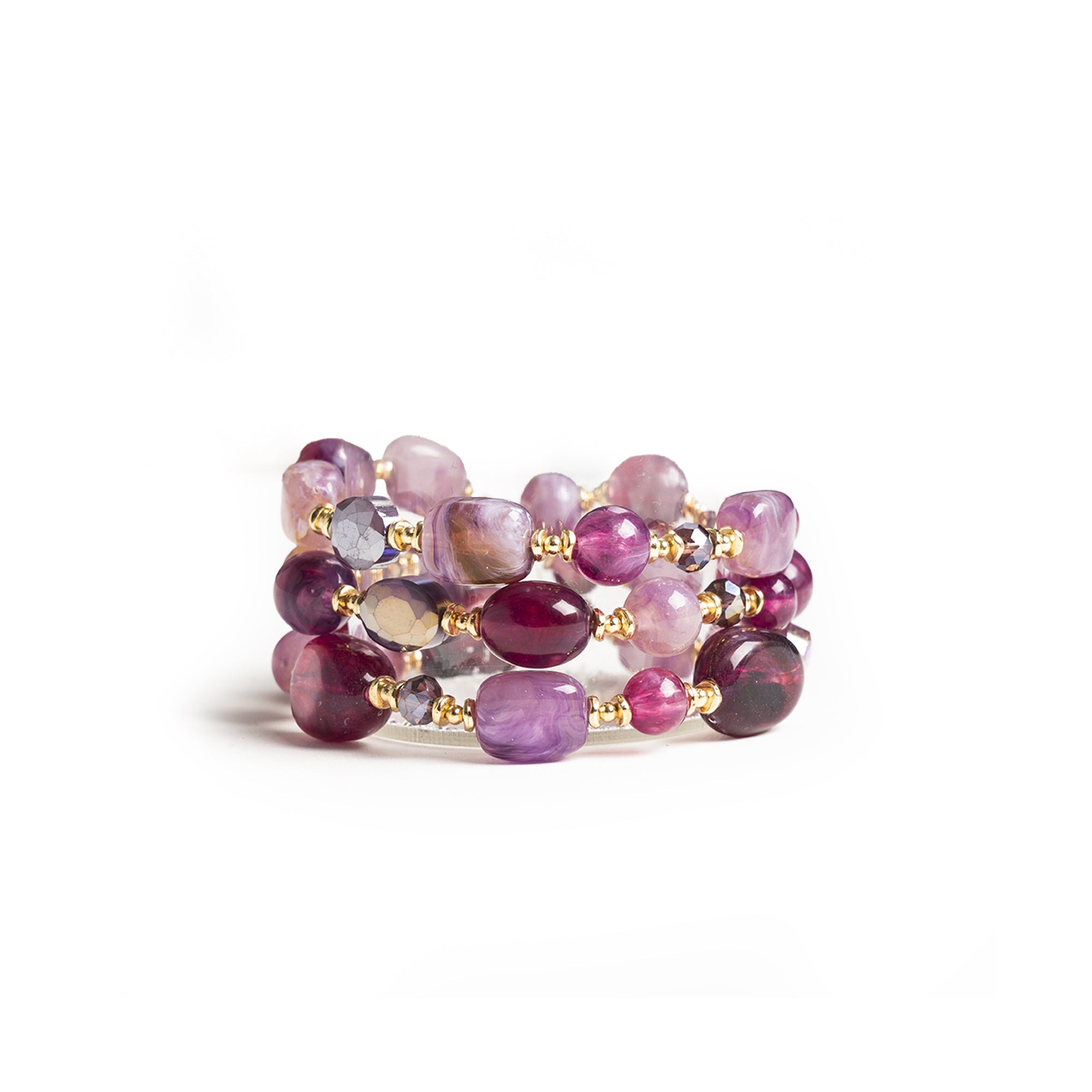 Bracciale elastico a tre linee con pietre in vetro ed acrilico tono viola - Mya Accessories