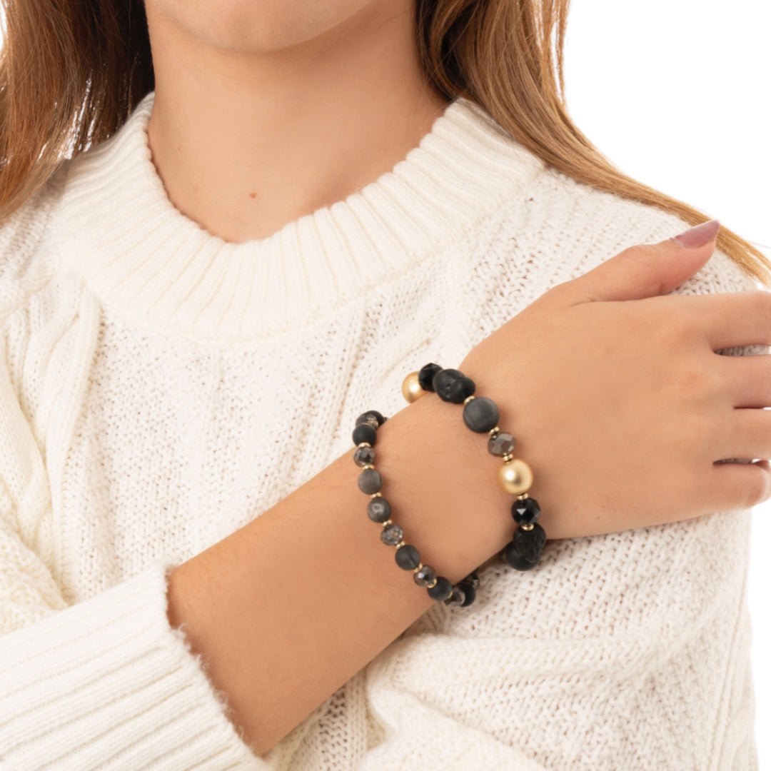 Bracciale elastico a due linee con sfere in resina, acrilico e vetro tono nero - Mya Accessories