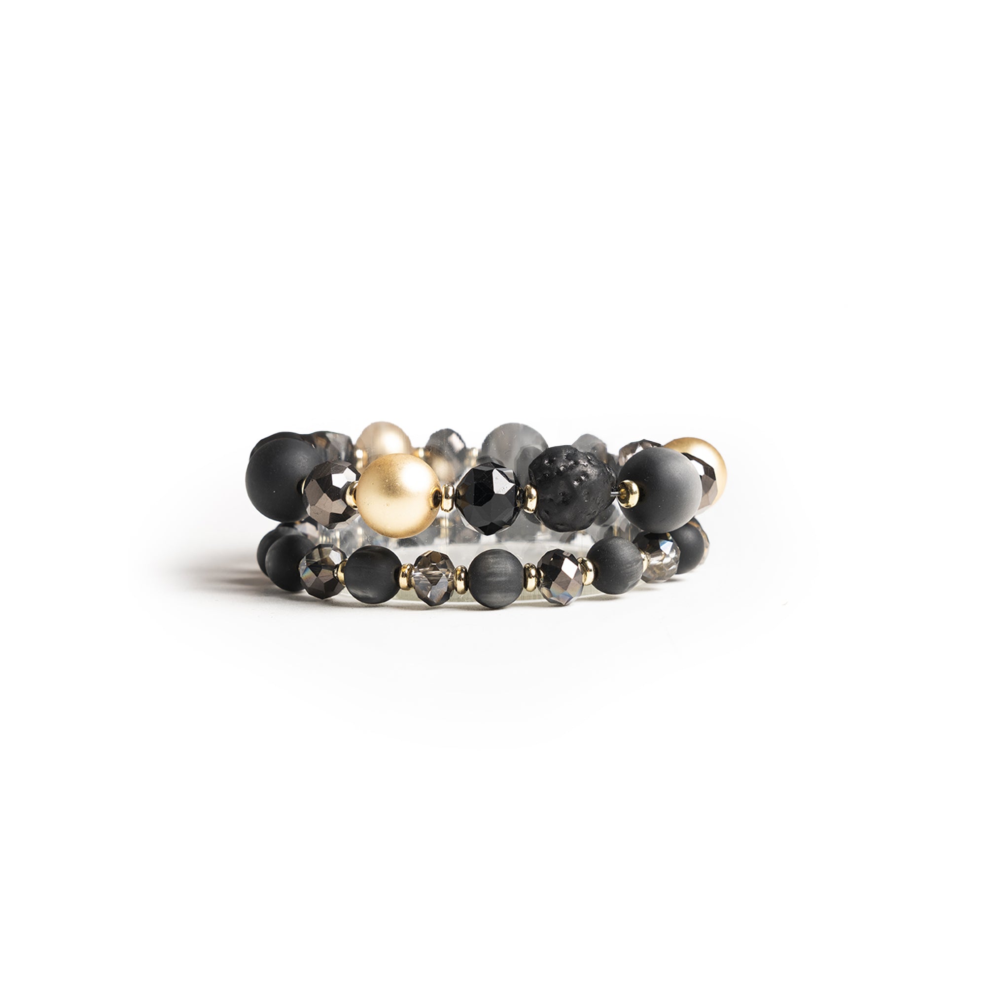Bracciale elastico a due linee con sfere in resina, acrilico e vetro tono nero - Mya Accessories
