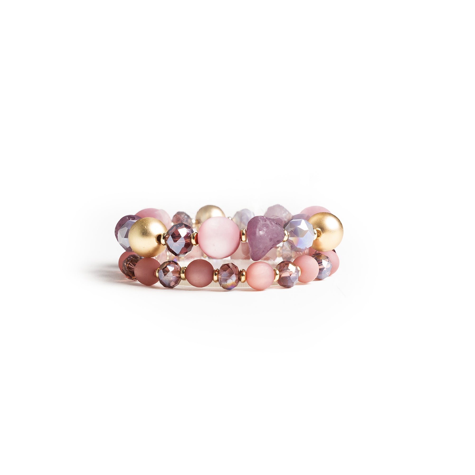 Bracciale elastico a due linee con sfere in resina, acrilico e vetro tono rosa - Mya Accessories