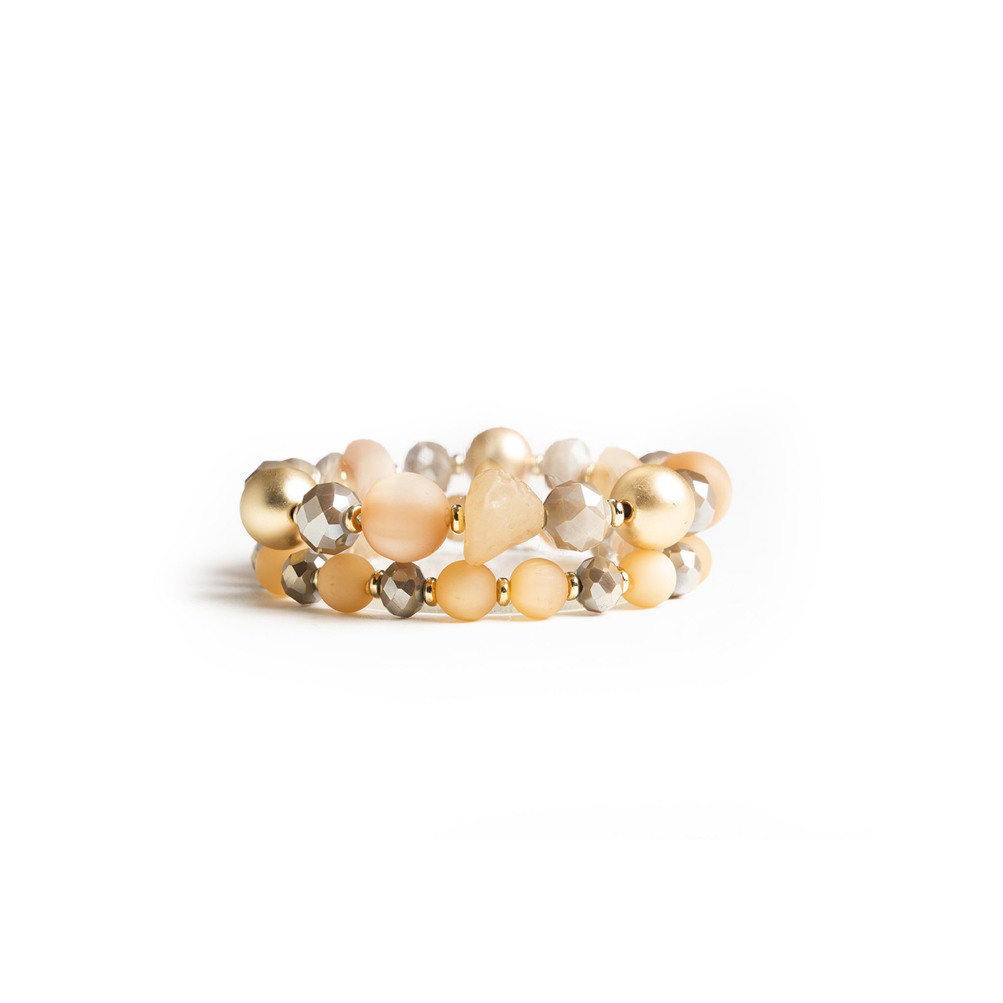 Bracciale elastico a due linee con sfere in resina, acrilico e vetro tono beige - Mya Accessories