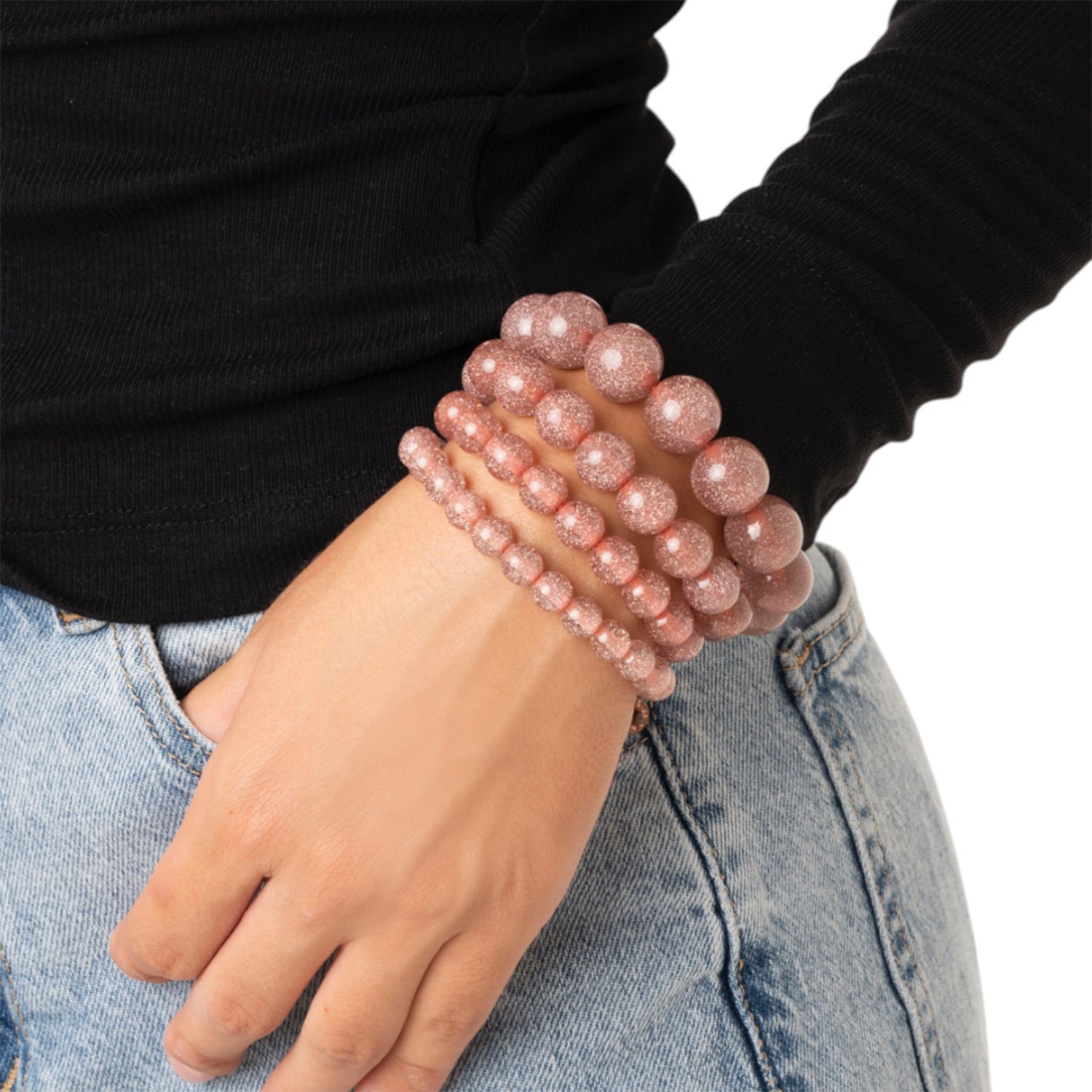 Bracciale elastico multilinee con pietre in resina rosa - Mya Accessories