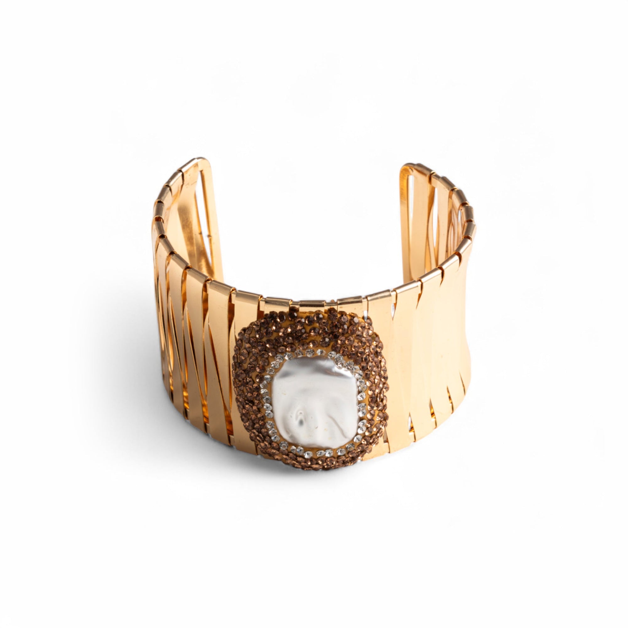 Bracciale rigido cuff in metallo con microcristalli in vetro e perla - Mya Accessories
