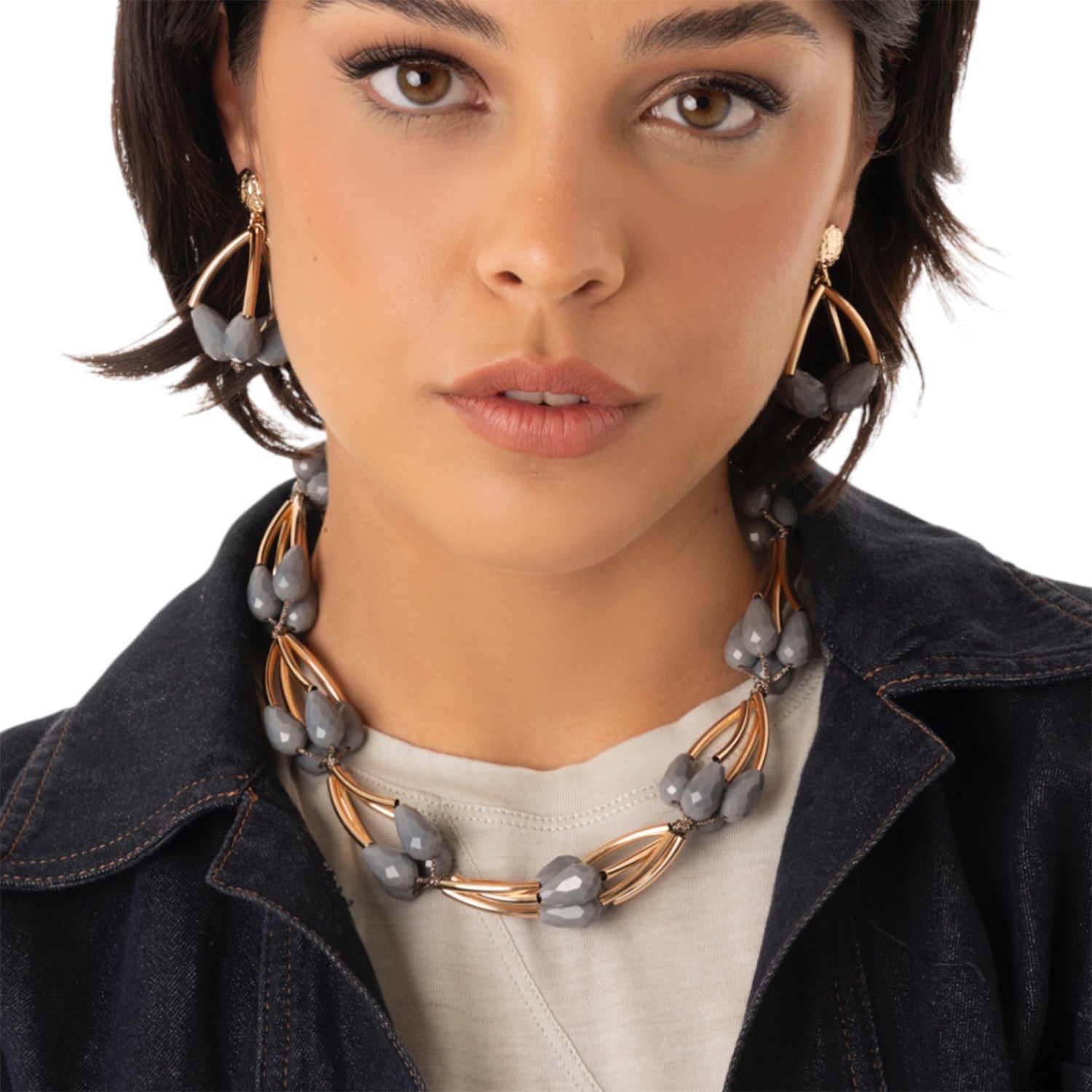 Collana girocollo strutturato in metallo con pietre in vetro grigie - Mya Accessories