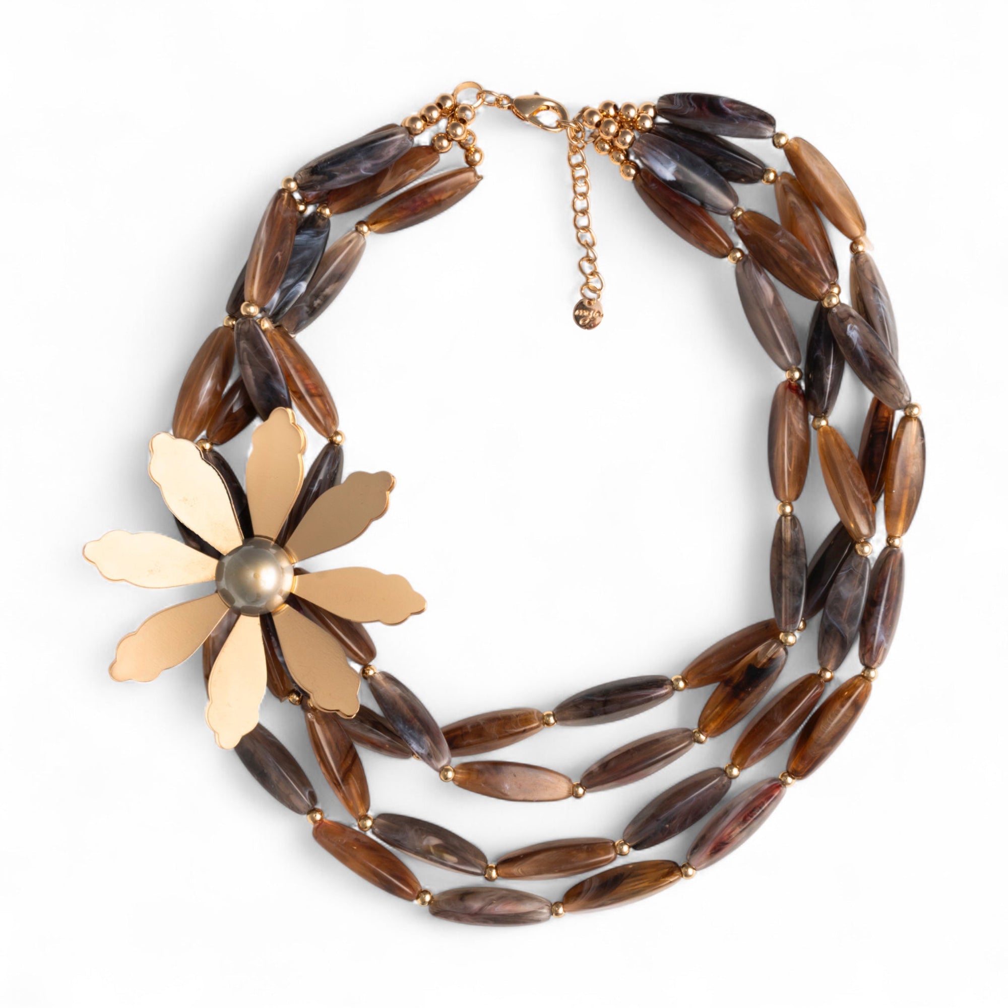 Collana girocollo multifili con pietre in acrilico dalle nuances marroni con fiore in metallo - Mya Accessories