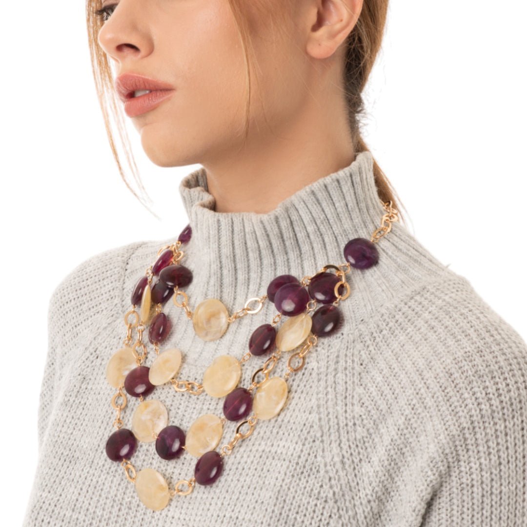 Collana a catena con cascata di pietre schiacciate in acrilico beige e viola - Mya Accessories
