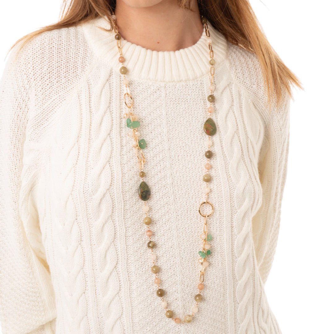 Collana lunga con pietre semidure beige e verdi - Mya Accessories