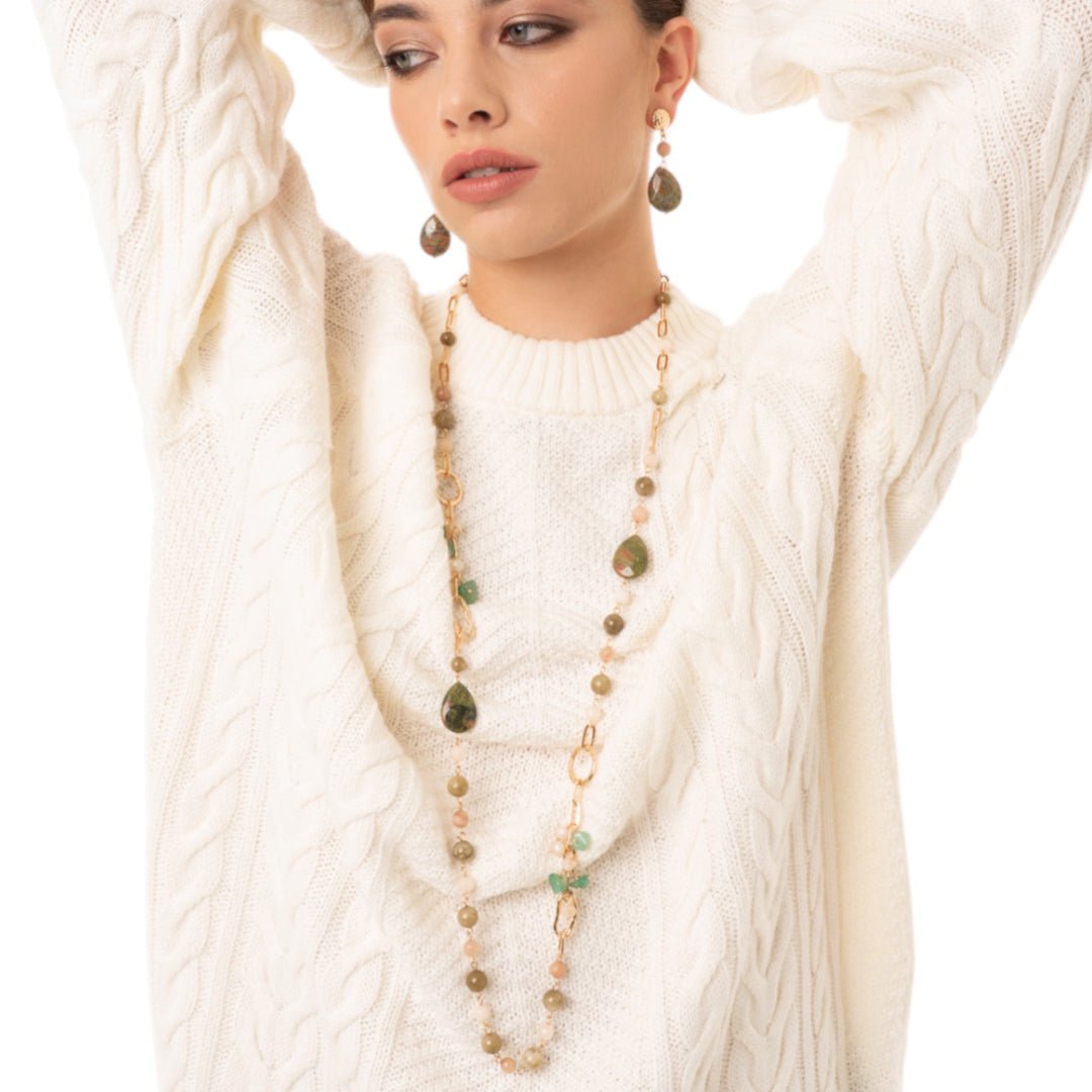 Collana lunga con pietre semidure beige e verdi - Mya Accessories