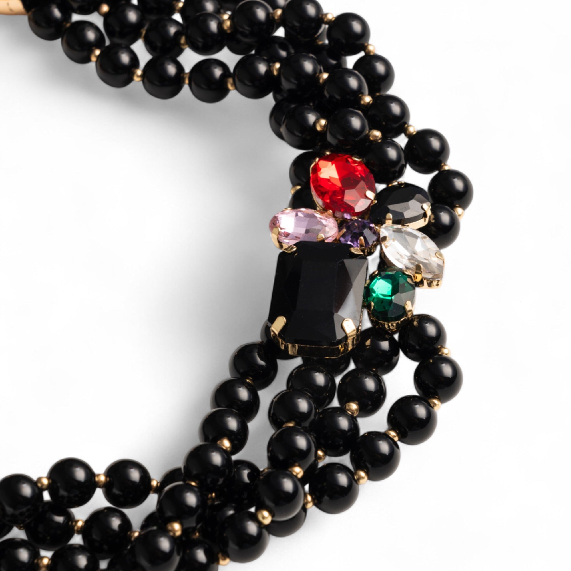 Collana girocollo multifilo con sfere in acrilico nere e fiore con pietre in vetro multicolore - Mya Accessories