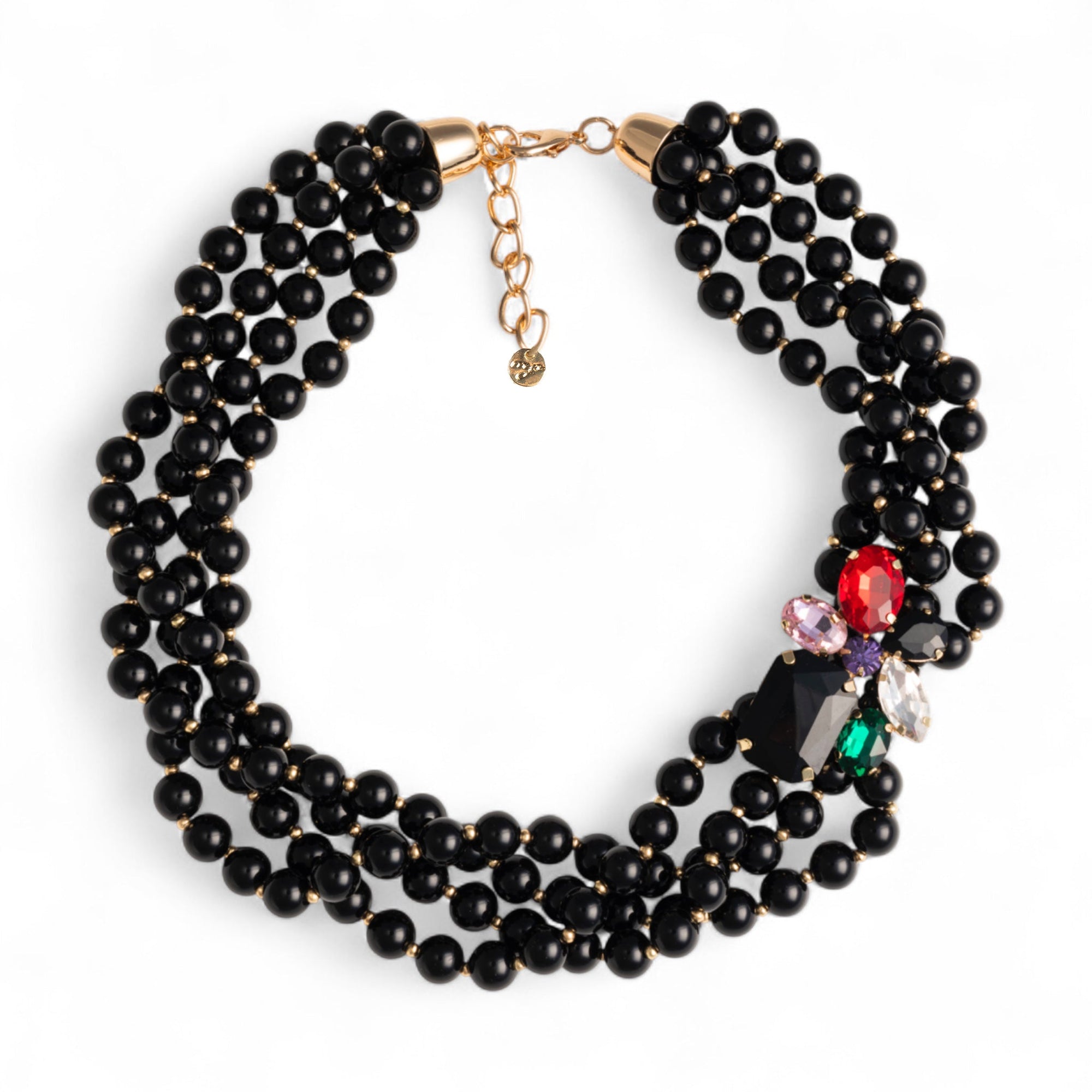 Collana girocollo multifilo con sfere in acrilico nere e fiore con pietre in vetro multicolore - Mya Accessories