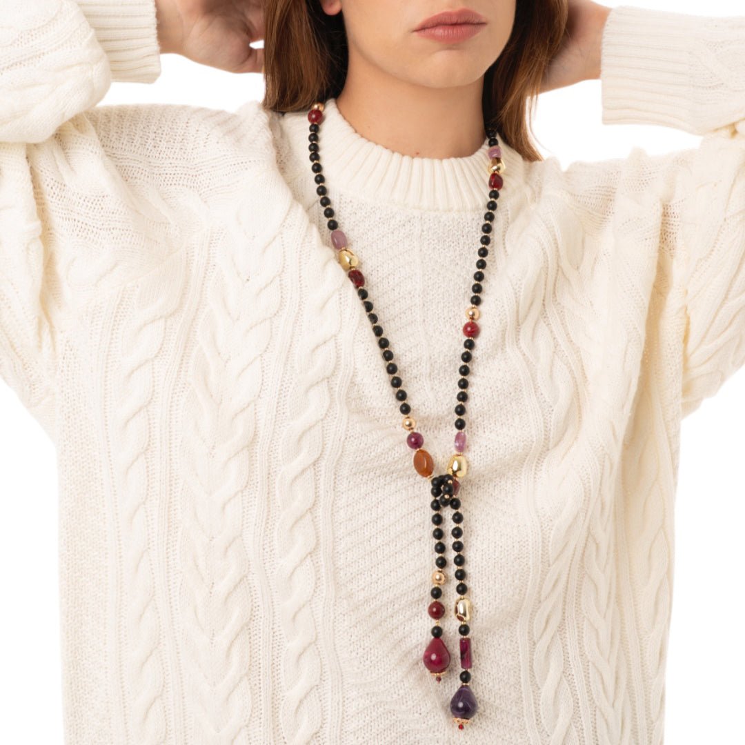 Collana lunga con sfere in vetro nere e multi - Mya Accessories