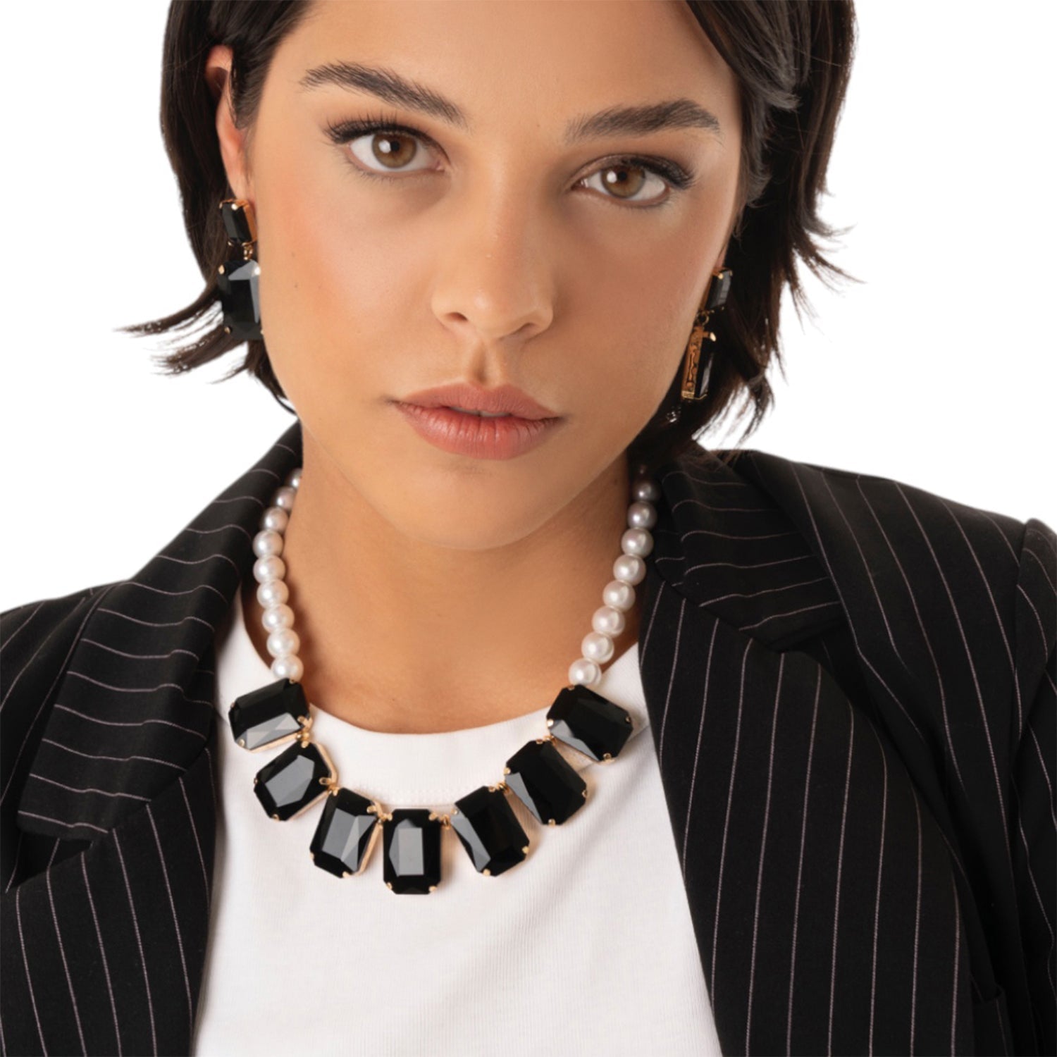 Collana girocollo con sfere bianche e pietre in vetro nere - Mya Accessories