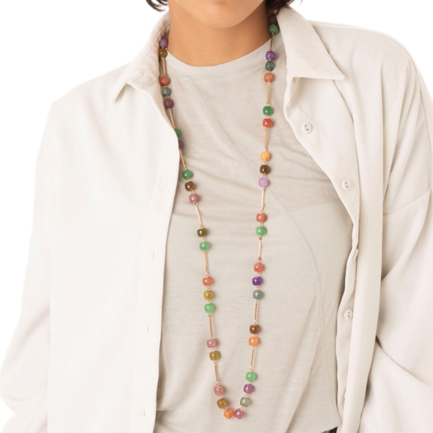Collana lunga con pietre in vetro multicolore ed inserti in metallo - Mya Accessories