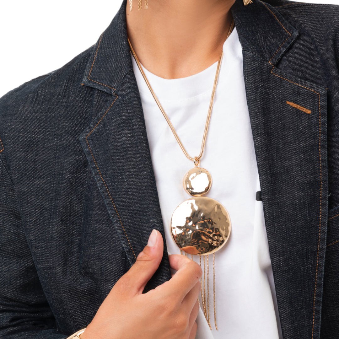 Collana snake con doppio medaglione circolare e fili in metallo pendenti - Mya Accessories