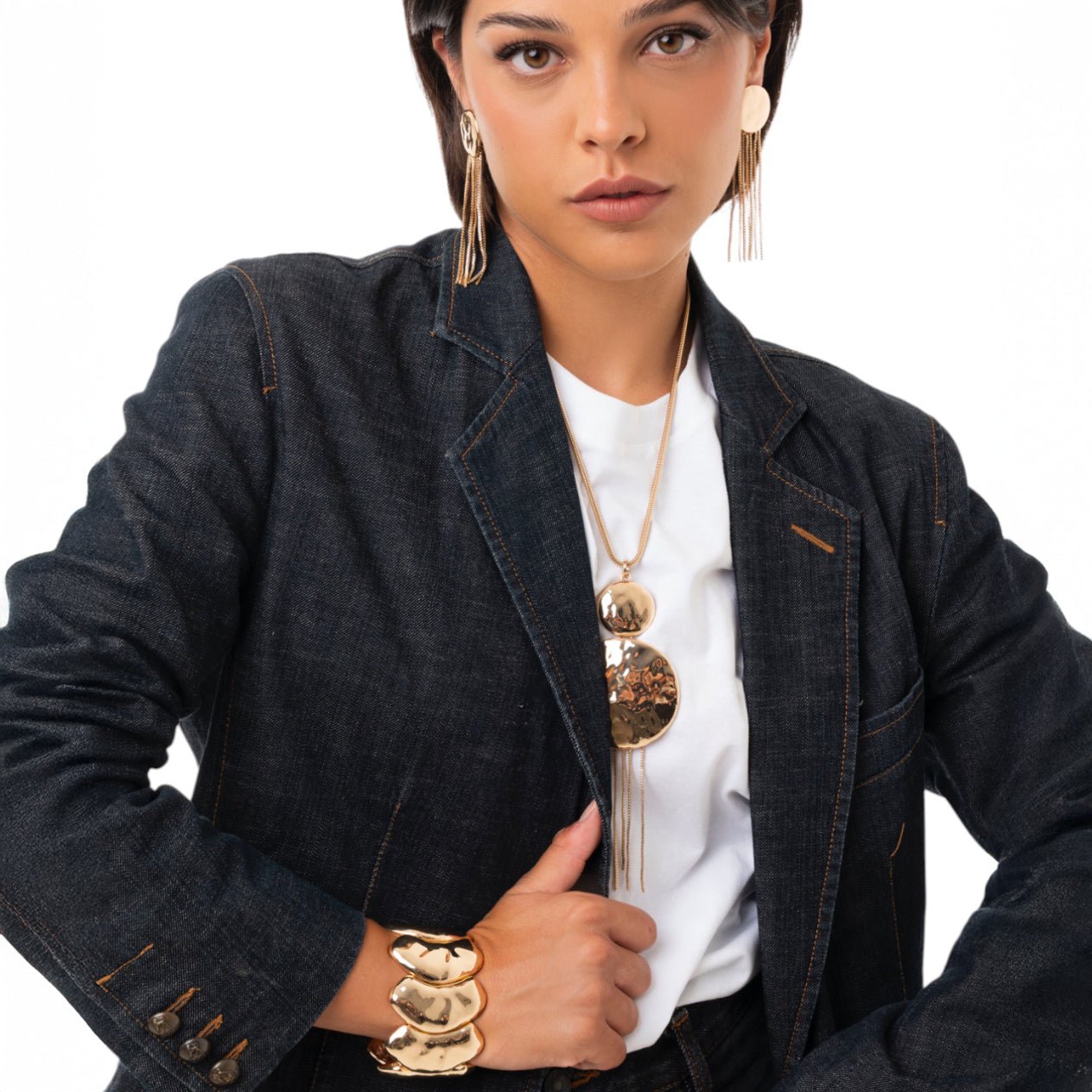 Collana snake con doppio medaglione circolare e fili in metallo pendenti - Mya Accessories