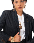Collana snake con doppio medaglione circolare e fili in metallo pendenti - Mya Accessories