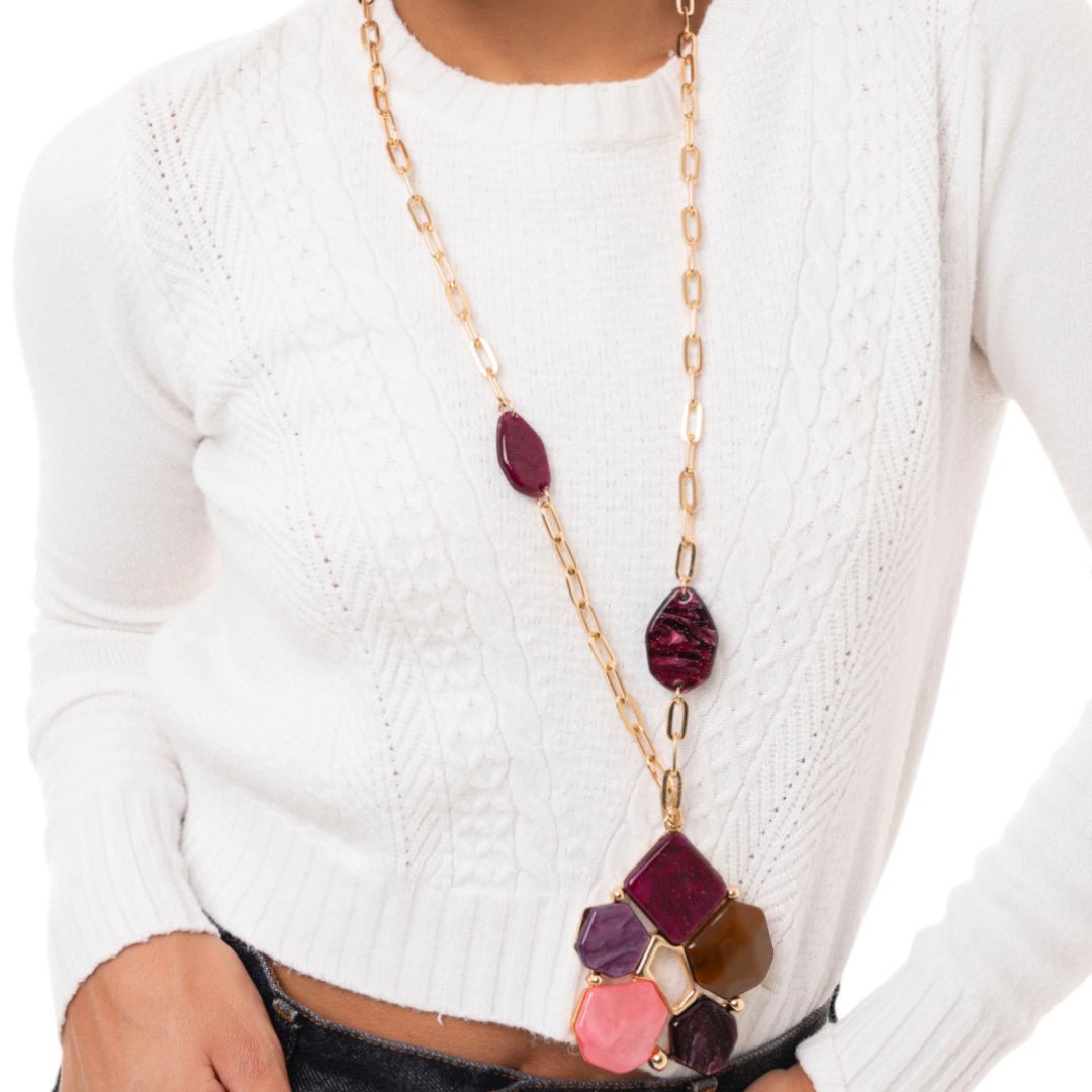 Collana lunga a catena con pendente a forma di fiore in acrilico e resina tono viola - Mya Accessories