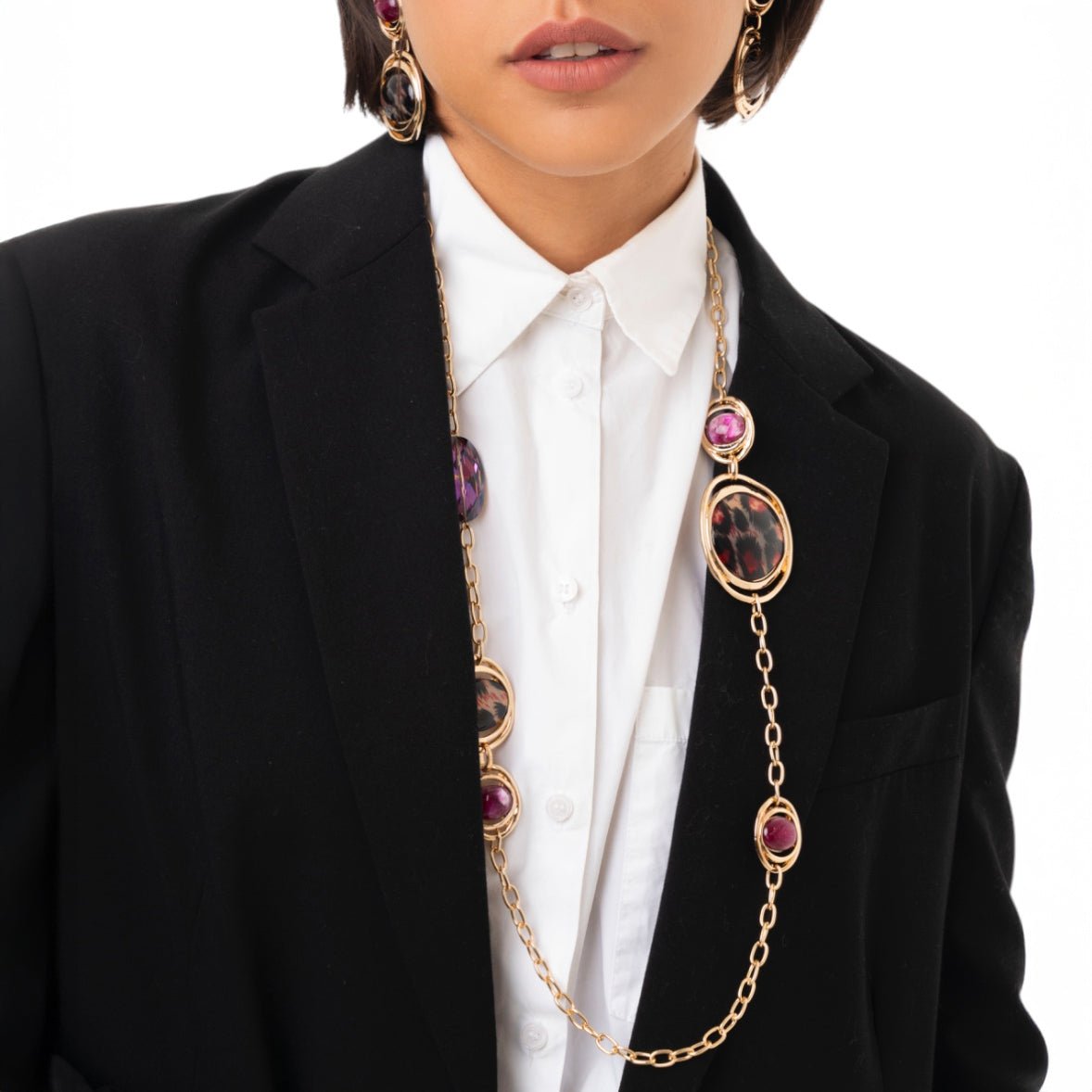 Collana lunga a catena con inserti circolari in acrilico leopardato rosso - Mya Accessories