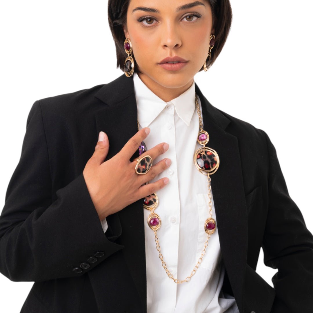 Collana lunga a catena con inserti circolari in acrilico leopardato rosso - Mya Accessories