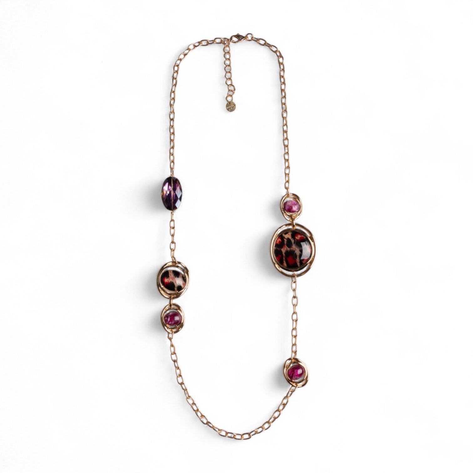 Collana lunga a catena con inserti circolari in acrilico leopardato rosso - Mya Accessories