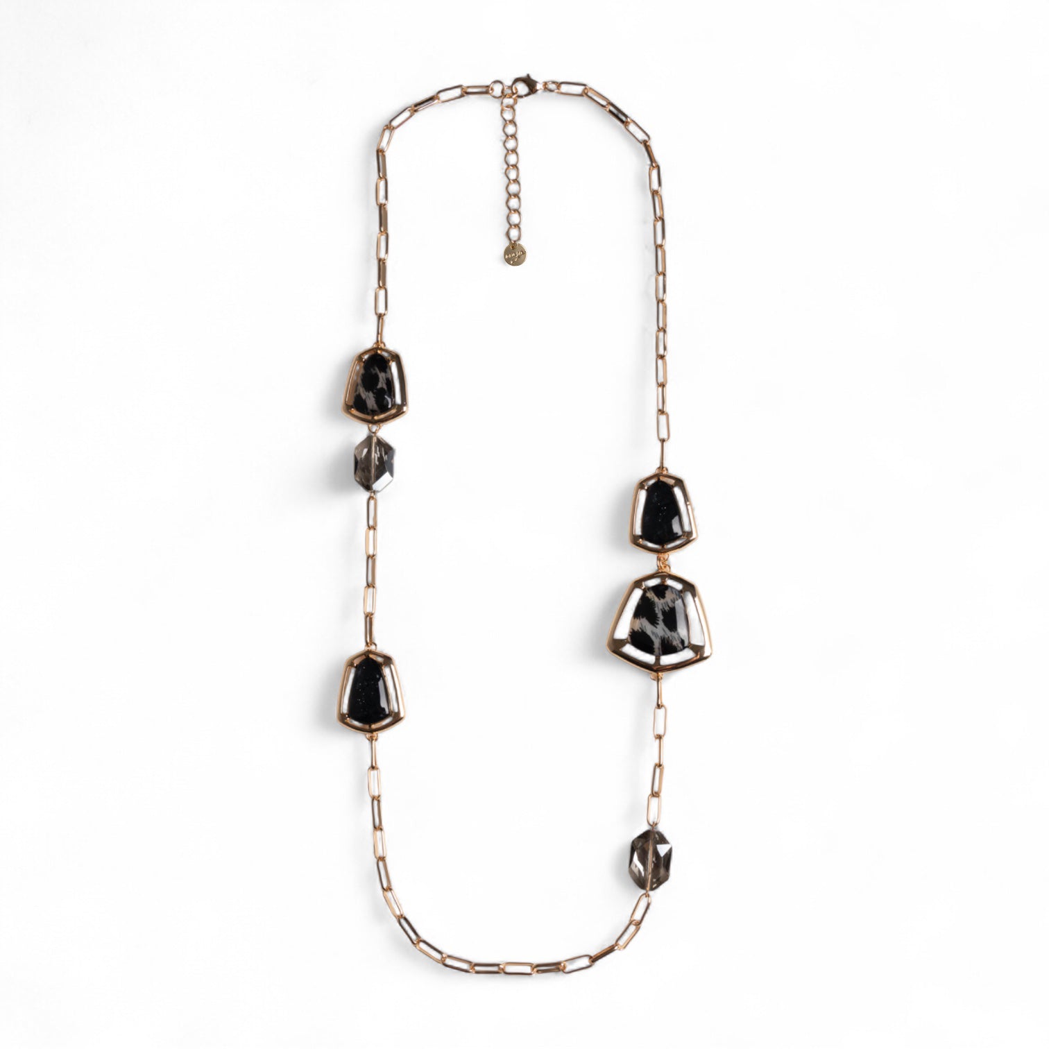 Collana lunga a catena con inserti geometrici in acrilico animalier tono nero - Mya Accessories