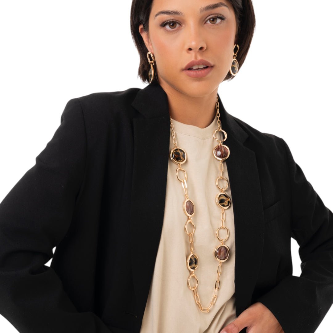Collana lunga a catena con inserti circolari in acrilico leopardato tono beige - Mya Accessories